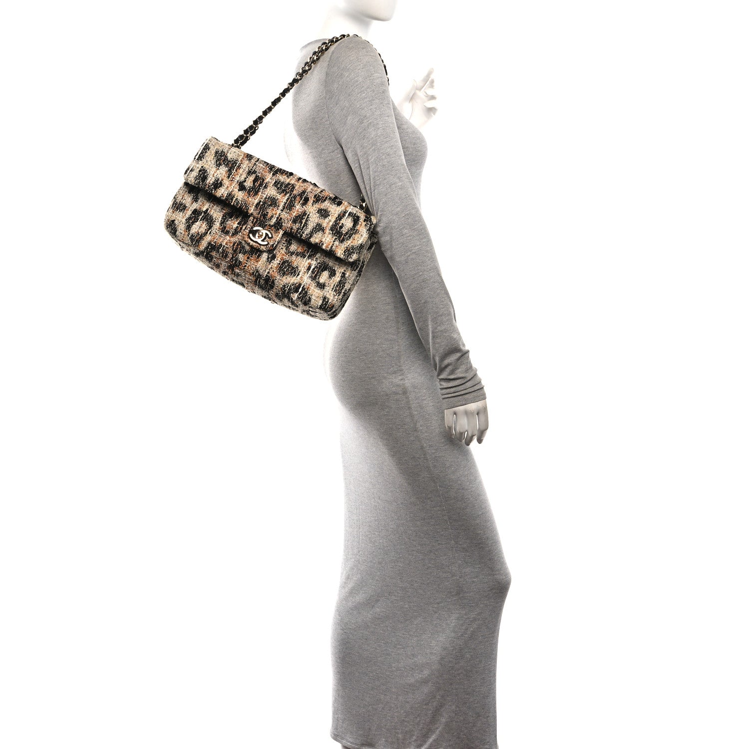 Tweed Mixed Fibers Leopard Print Small Souplissimo Maxi Flap Brown Black White — view 2