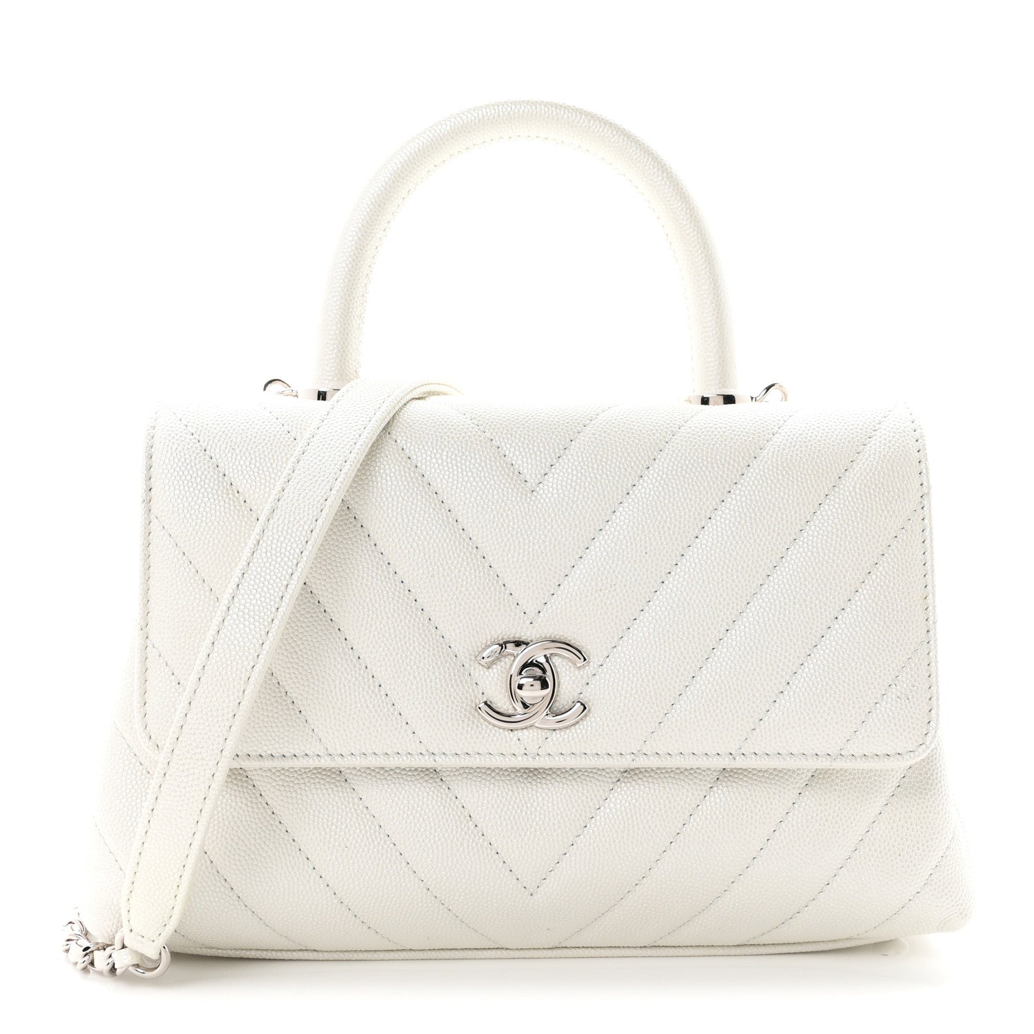Iridescent Caviar Chevron Quilted Mini Coco Handle Flap White
