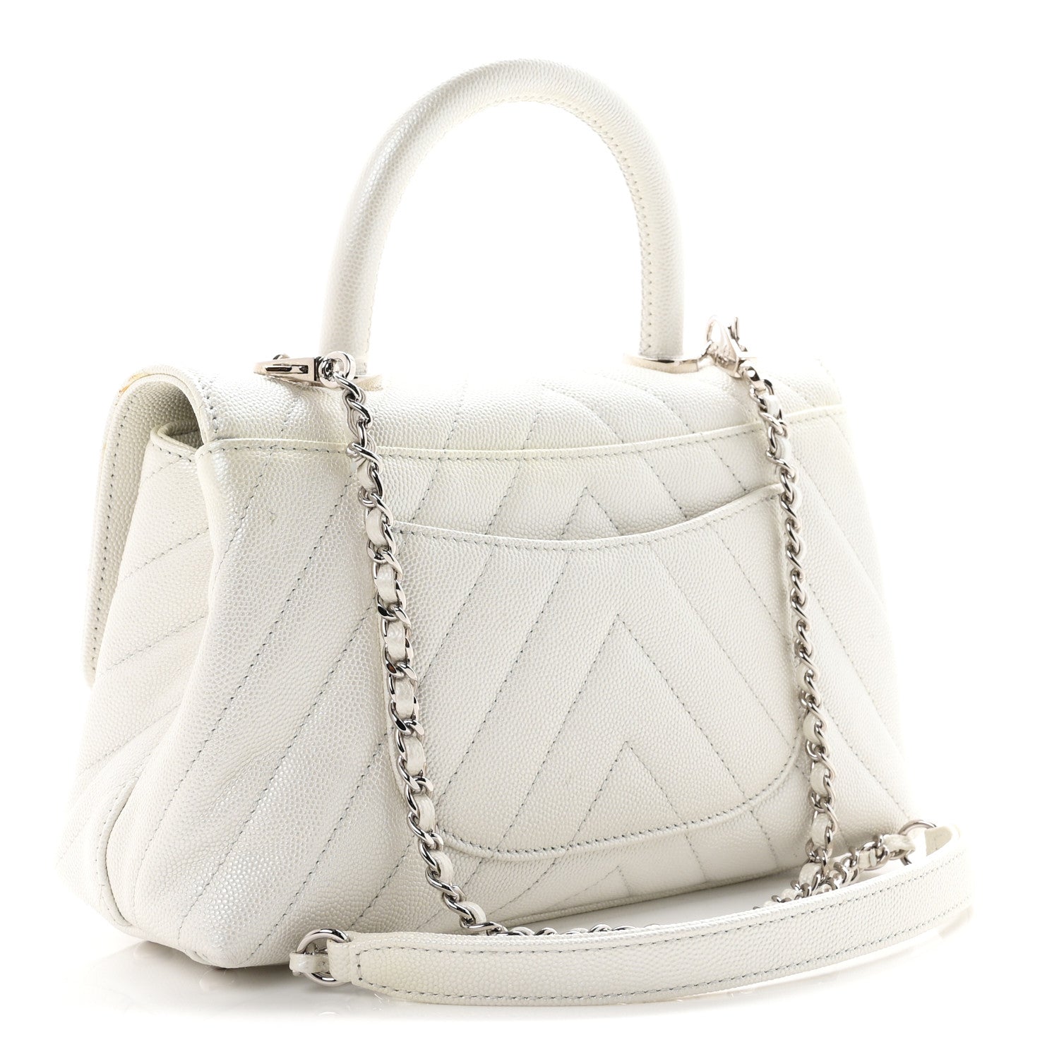 Iridescent Caviar Chevron Quilted Mini Coco Handle Flap White — view 3