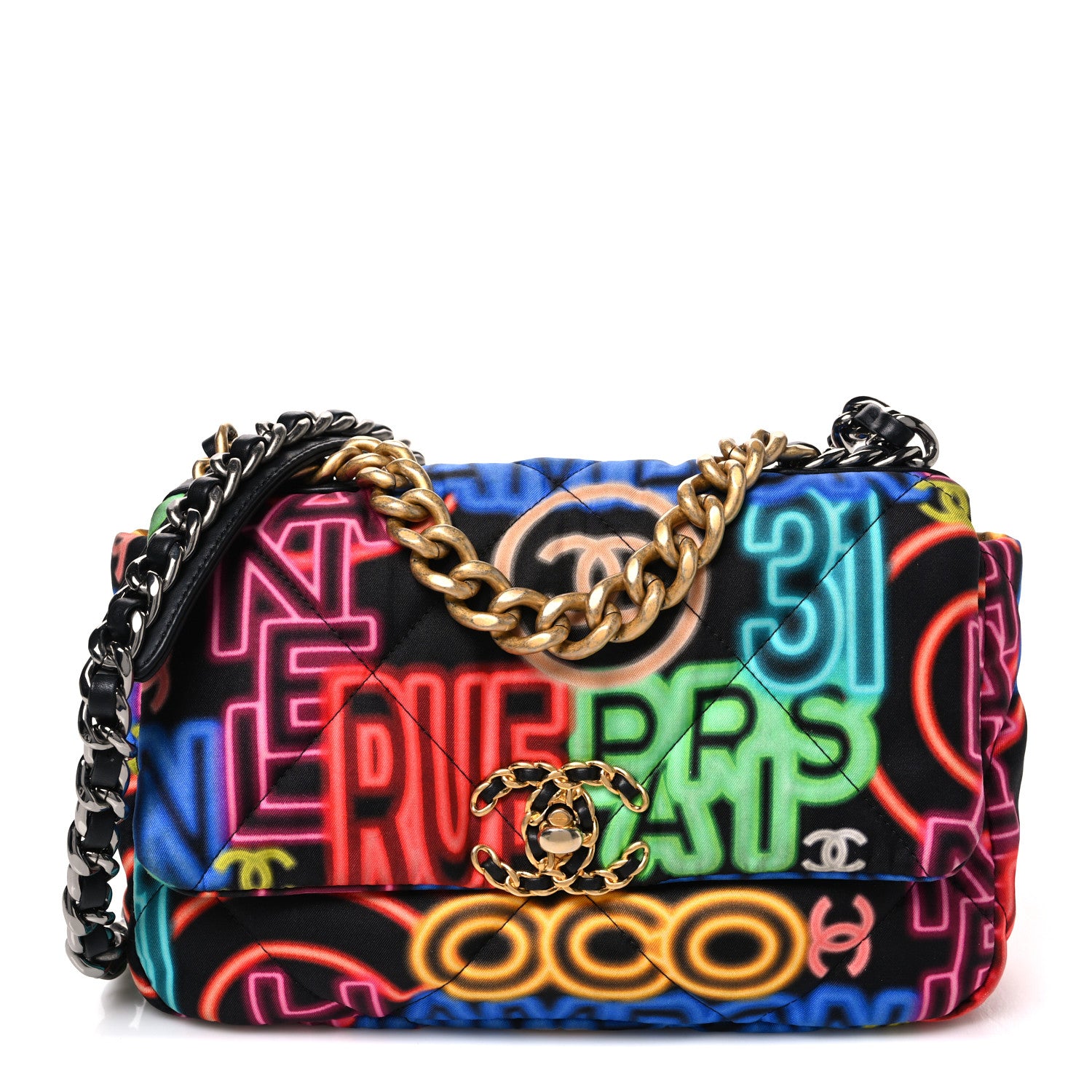 Fabric Quilted Neon Graffiti Medium Chanel 19 Flap Black Multicolor