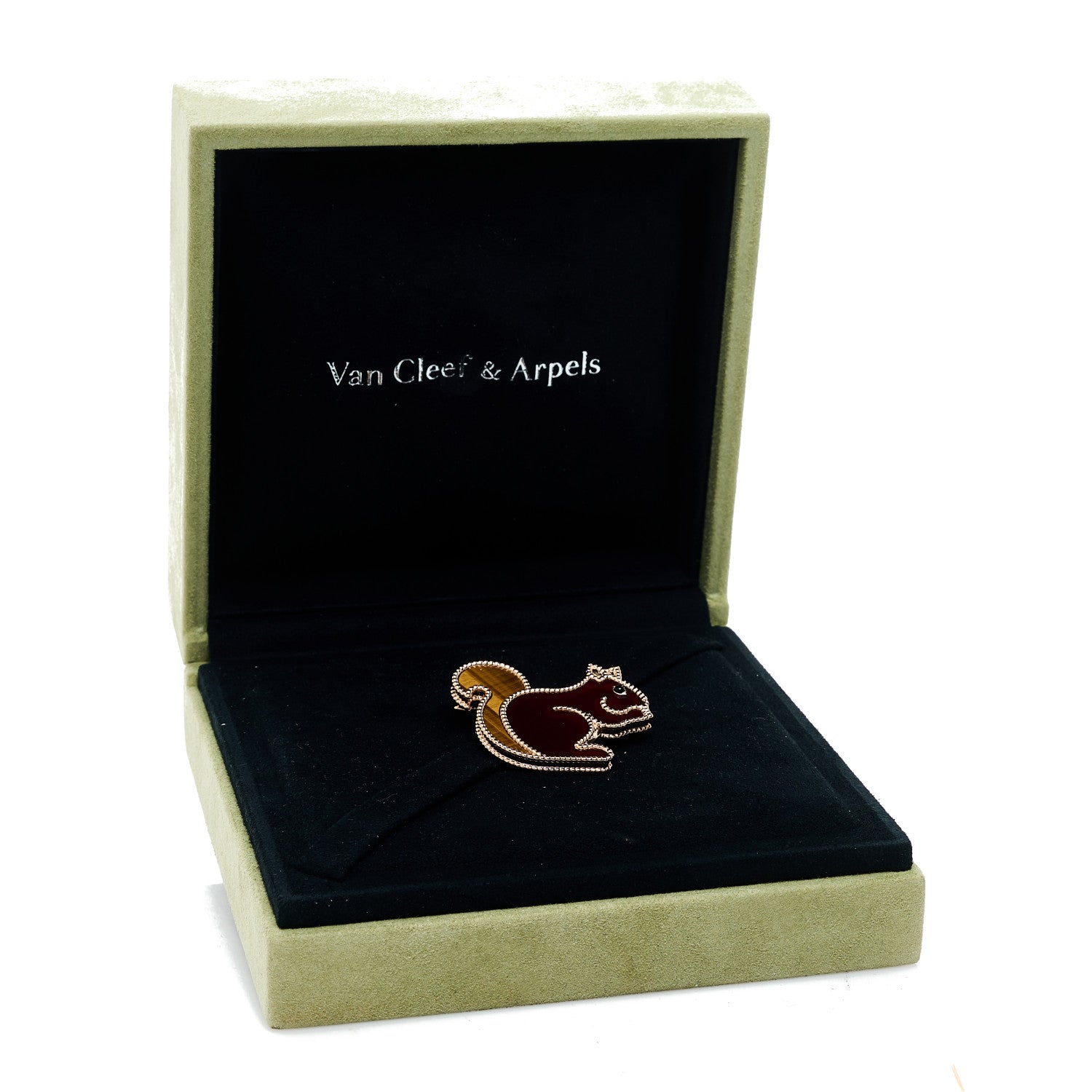 18K Rose Gold Carnelian Black Onyx Tiger Eye Lucky Animals Squirrel Brooch — view 5