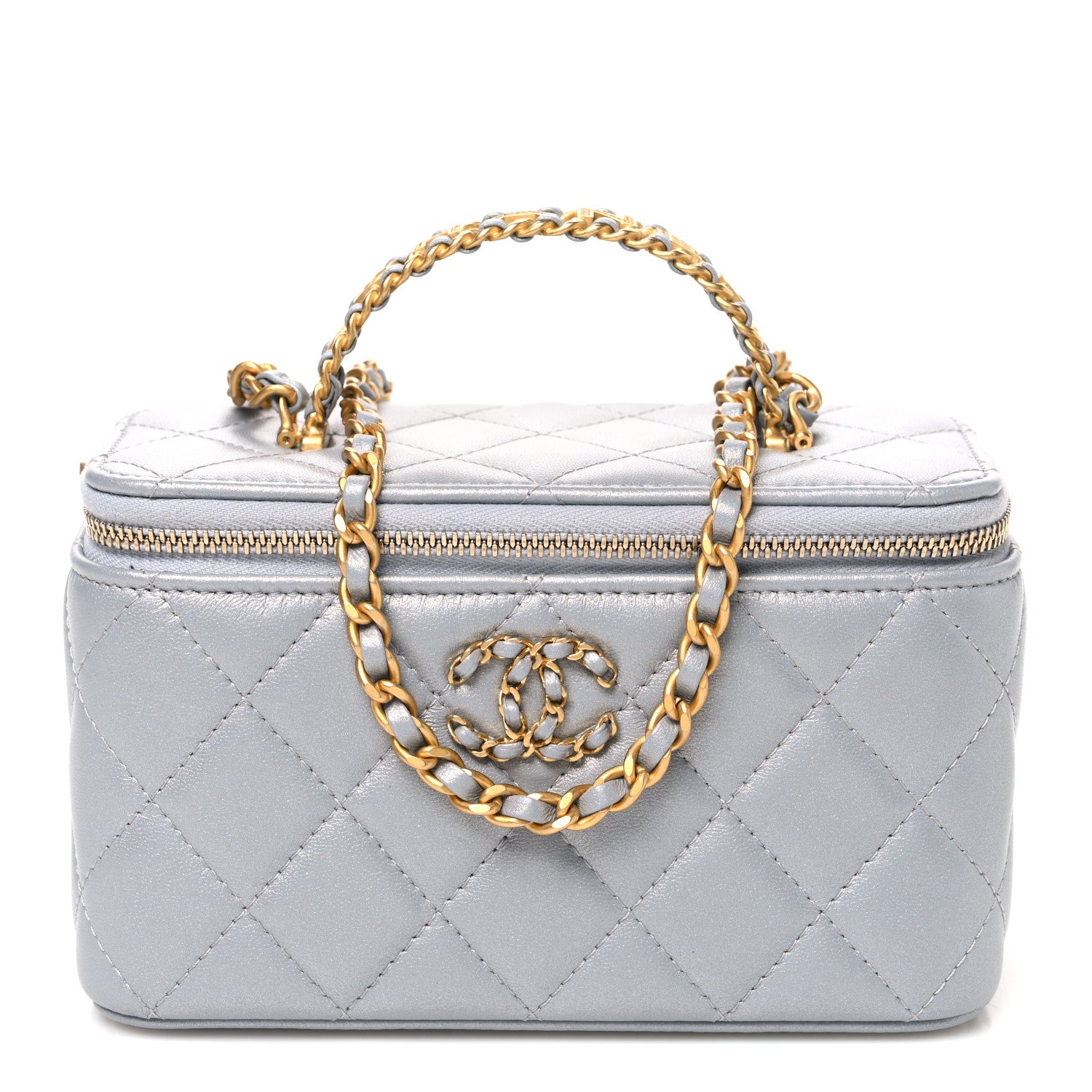 Iridescent Lambskin Quilted Pick Me Up Vanity Case Light Grey