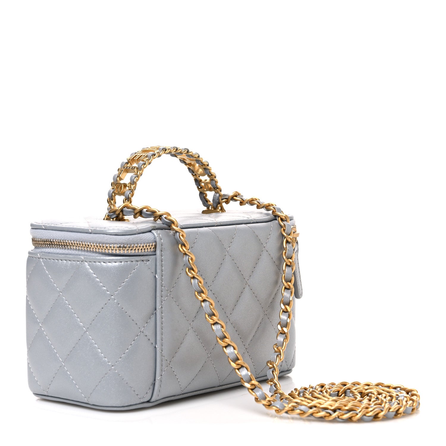 Iridescent Lambskin Quilted Pick Me Up Vanity Case Light Grey — view 3