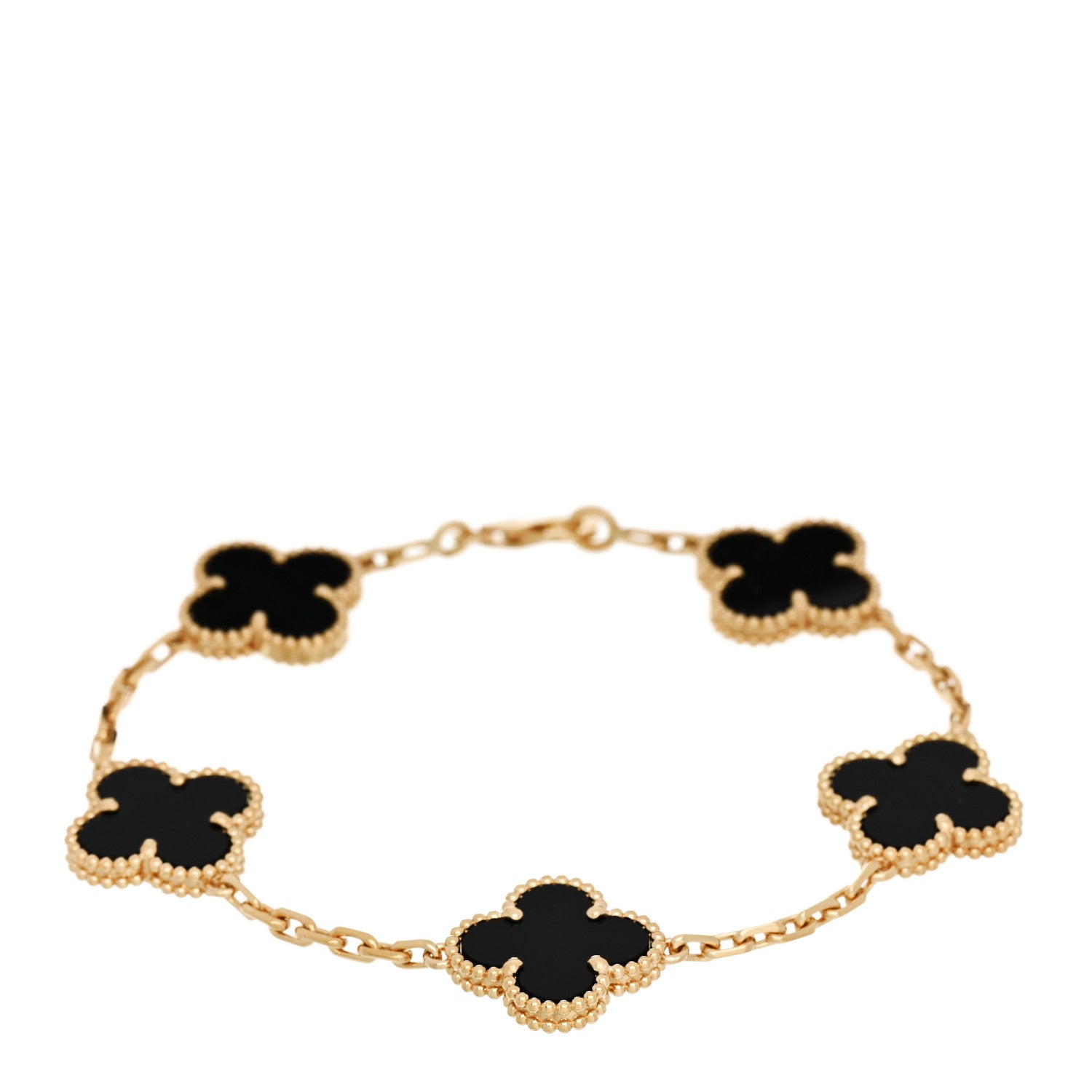 18K Yellow Gold Black Onyx 5 Motifs Vintage Alhambra Bracelet