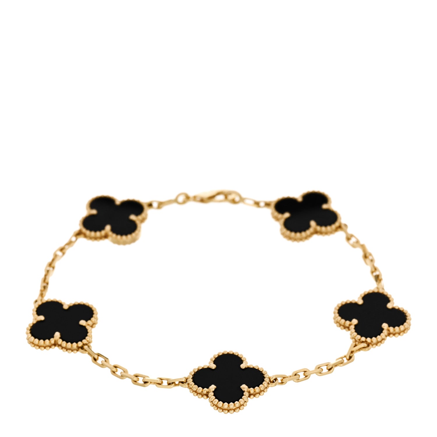 18K Yellow Gold Black Onyx 5 Motifs Vintage Alhambra Bracelet