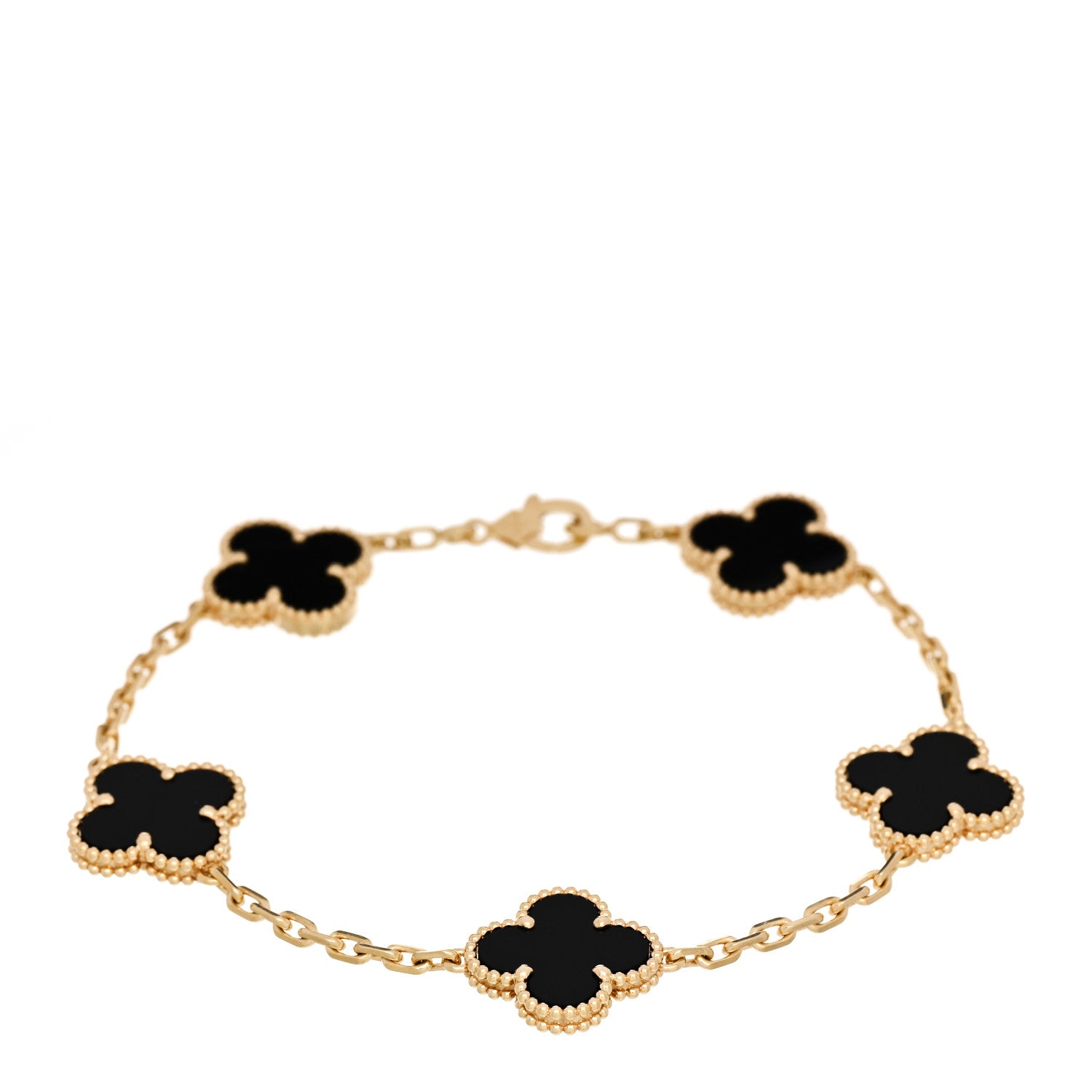 18K Yellow Gold Black Onyx 5 Motifs Vintage Alhambra Bracelet