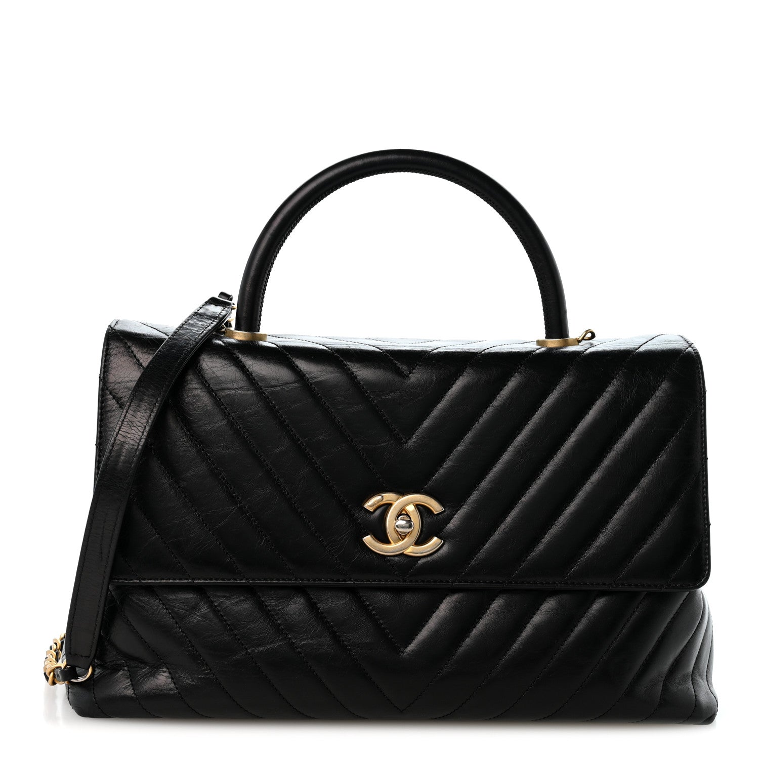 Calfskin Chevron Quilted Medium Coco Handle Flap Black