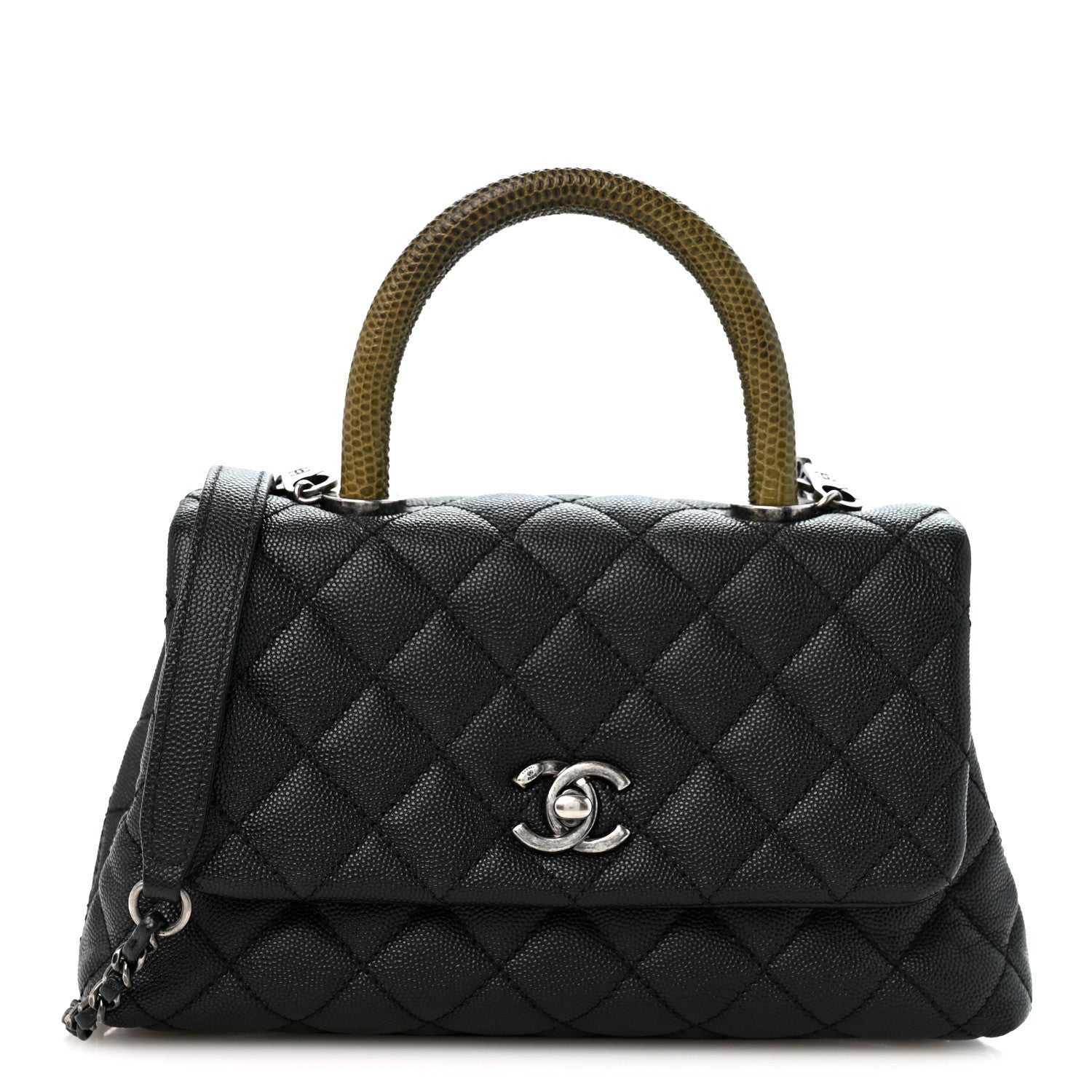 Caviar Lizard Embossed Quilted Mini Coco Handle Flap Black