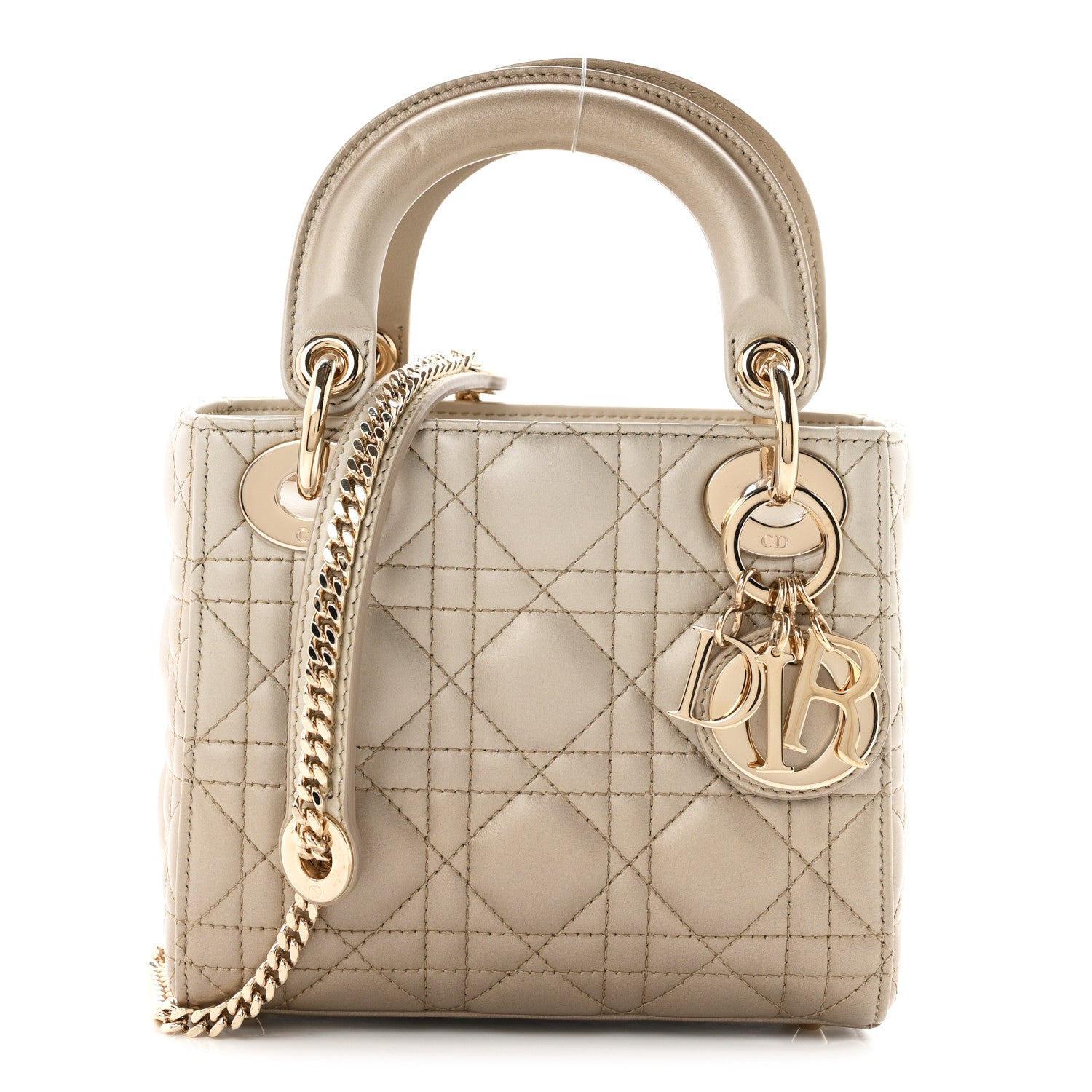 Metallic Lambskin Cannage Mini Lady Dior Gold