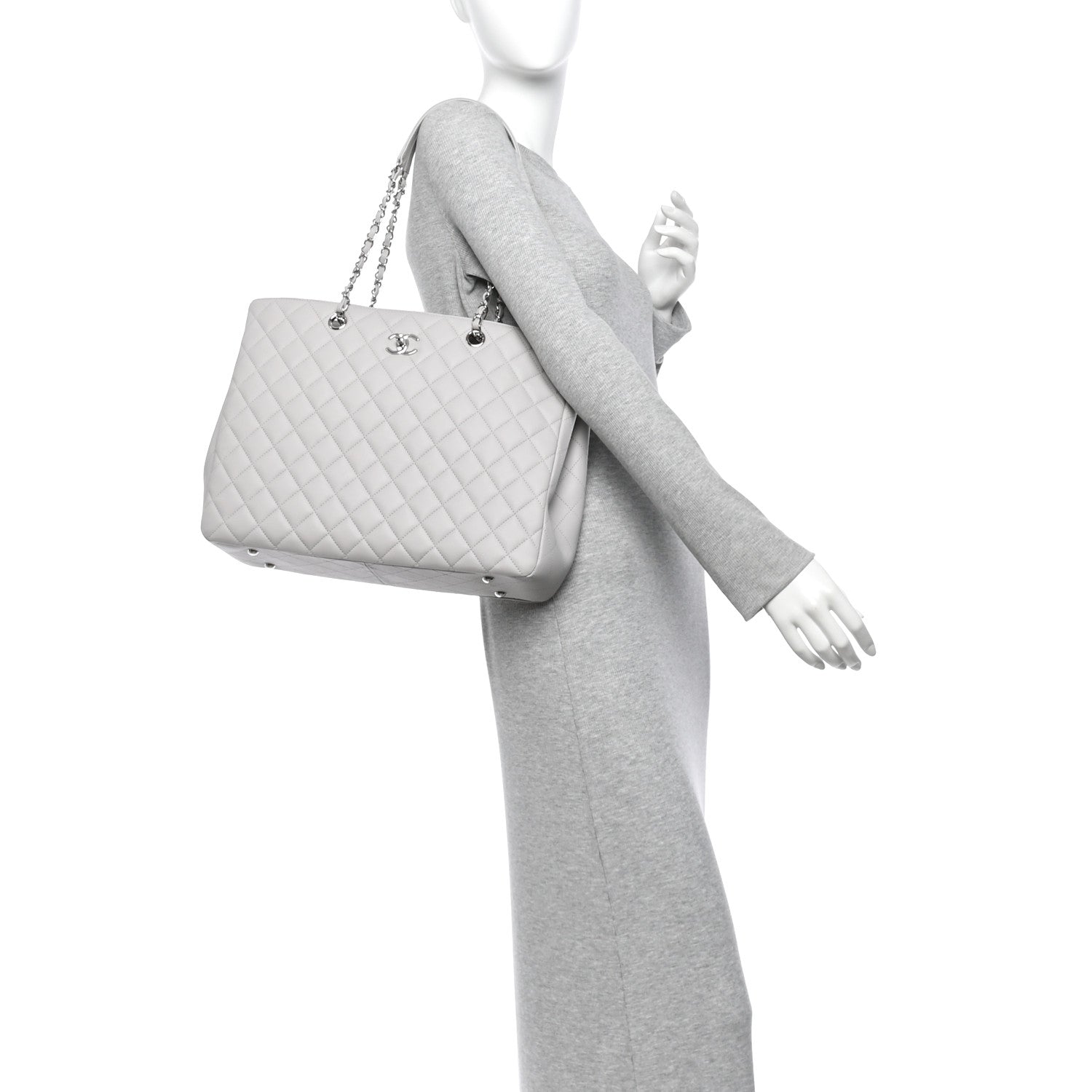 Calfskin Quilted Large Classic Shopping Tote Grey — view 2