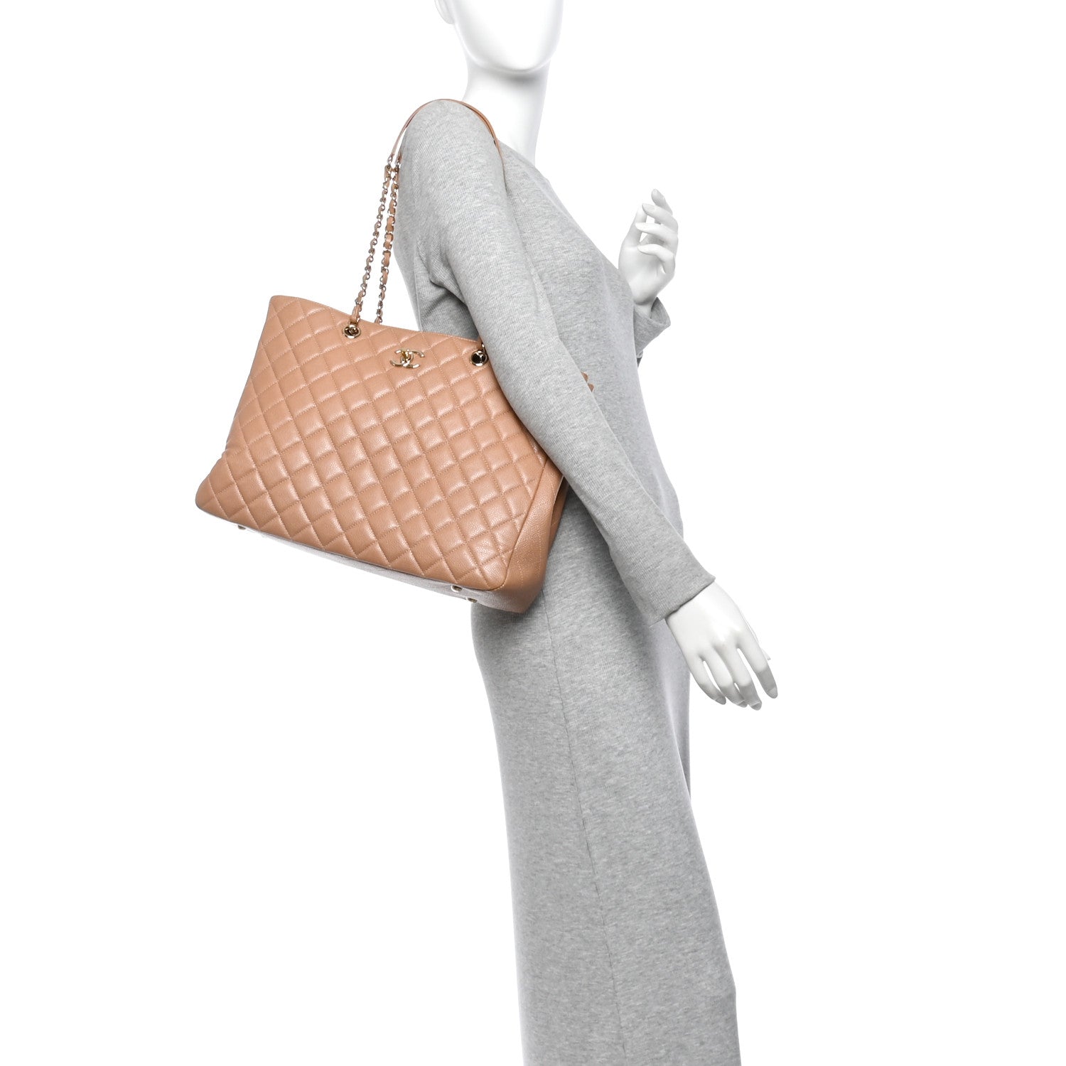 Caviar Quilted Large Classic Shopping Tote Dark Beige — view 2
