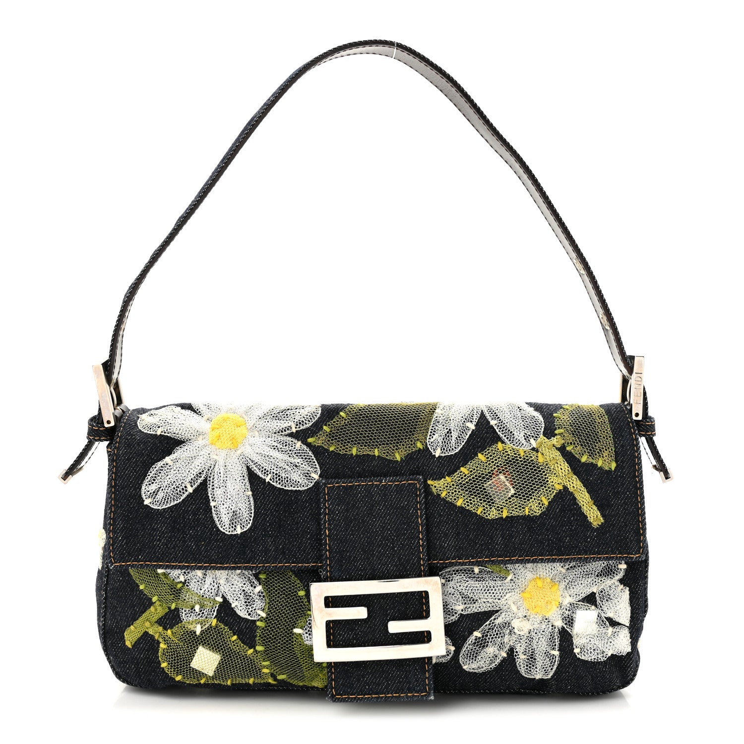 Denim Flower Applique Baguette Blue