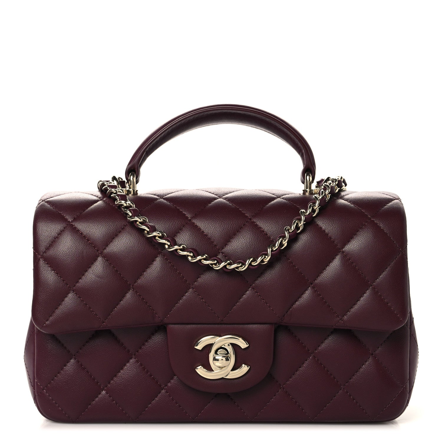 Lambskin Quilted Mini Top Handle Rectangular Flap Burgundy