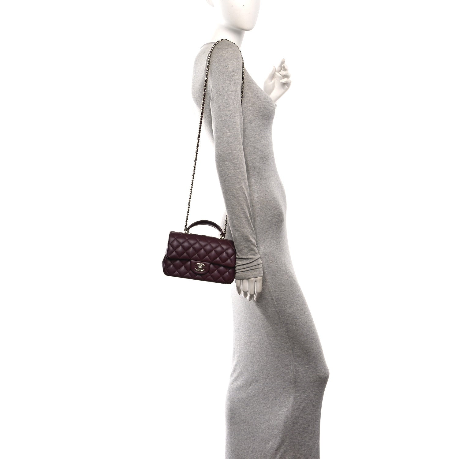 Lambskin Quilted Mini Top Handle Rectangular Flap Burgundy — view 3