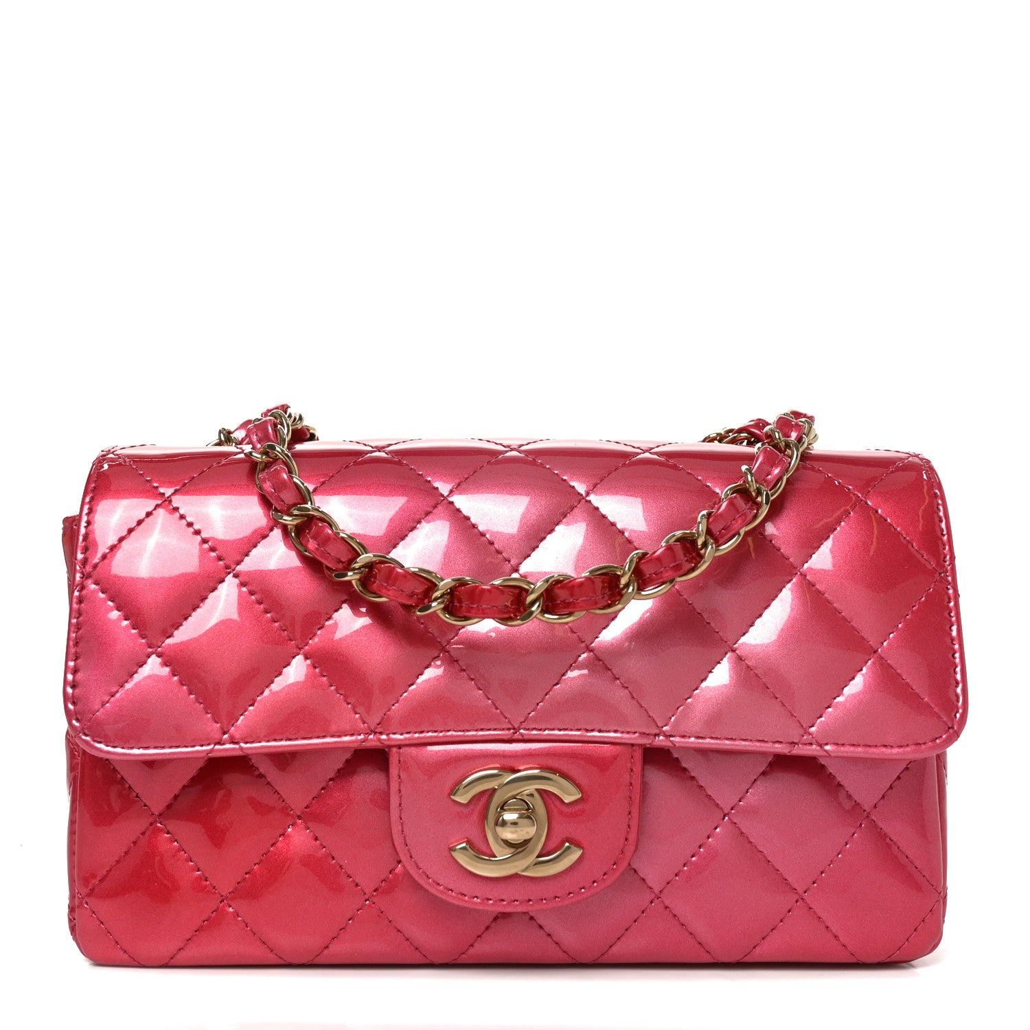 Shaded Patent Calfskin Quilted Mini Rectangular Flap Dark Pink
