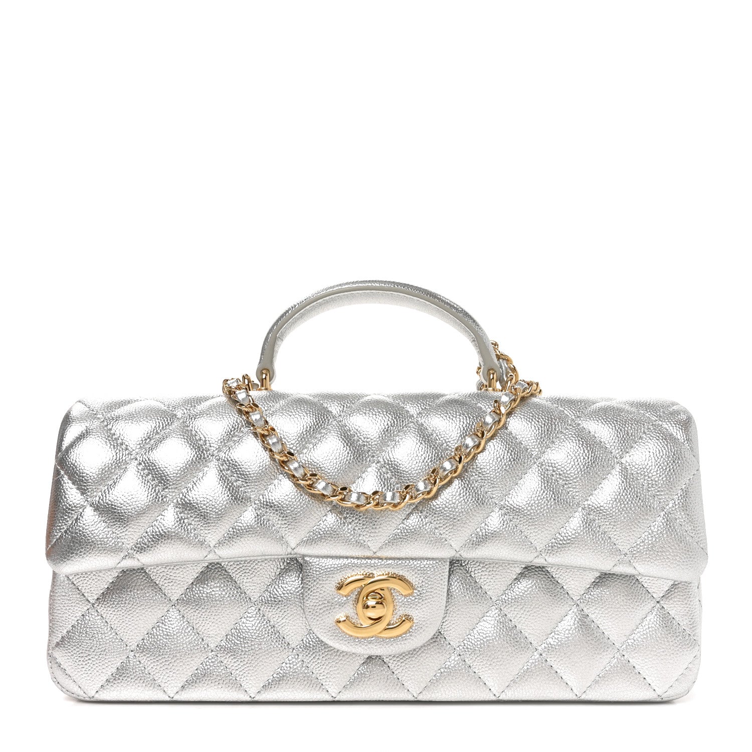 Metallic Caviar Quilted Top Handle East West Flap Silver