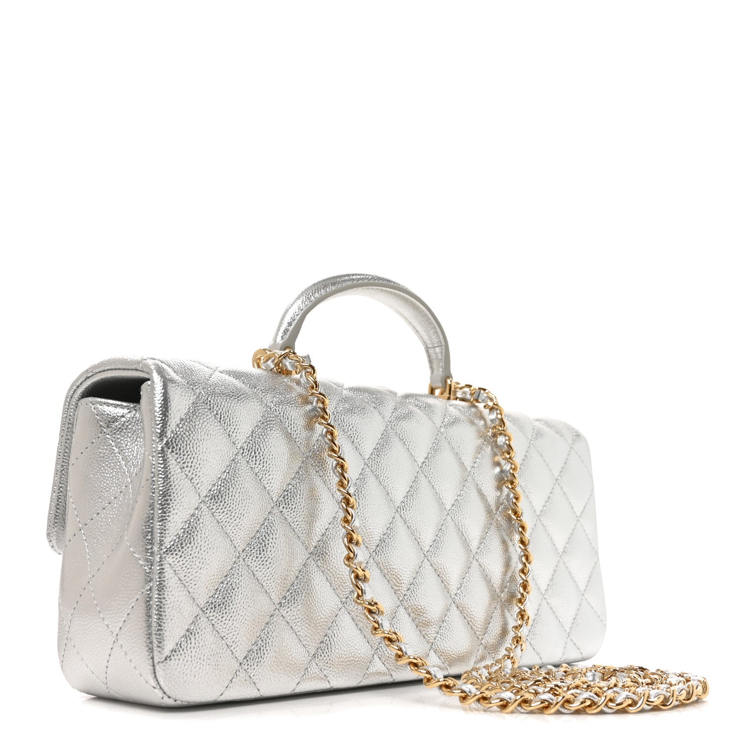 Metallic Caviar Quilted Top Handle East West Flap Silver — view 2