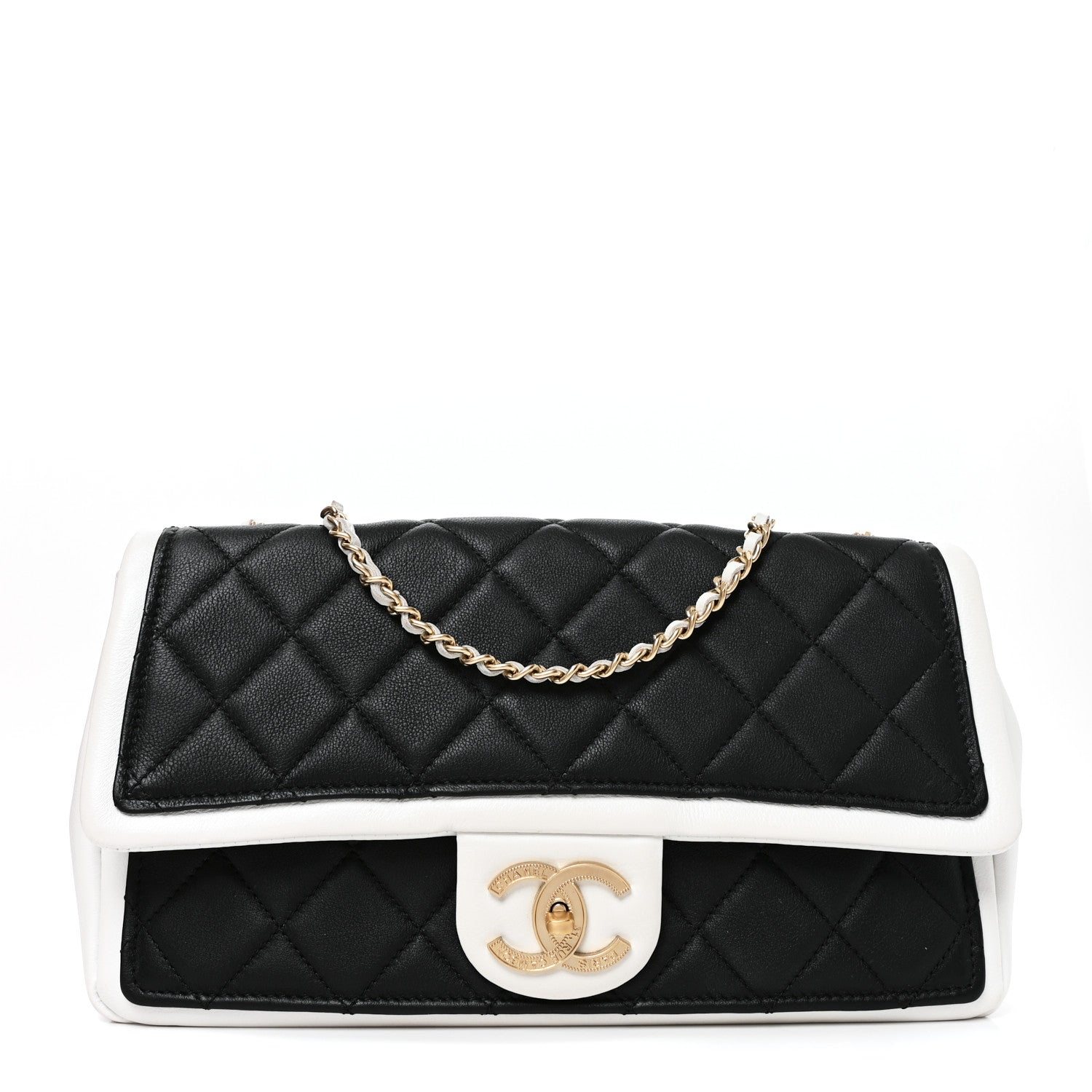 Lambskin Quilted Graphic Medium Flap Black White
