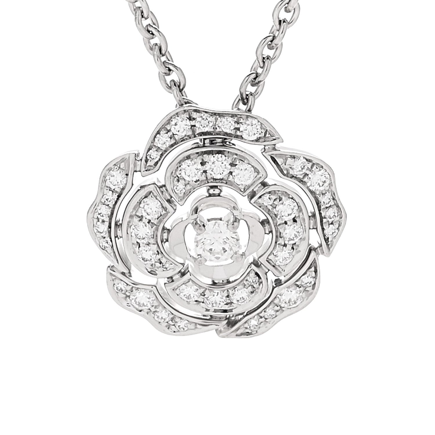 18K White Gold Diamond Bouton de Camelia Pendant Necklace — view 4