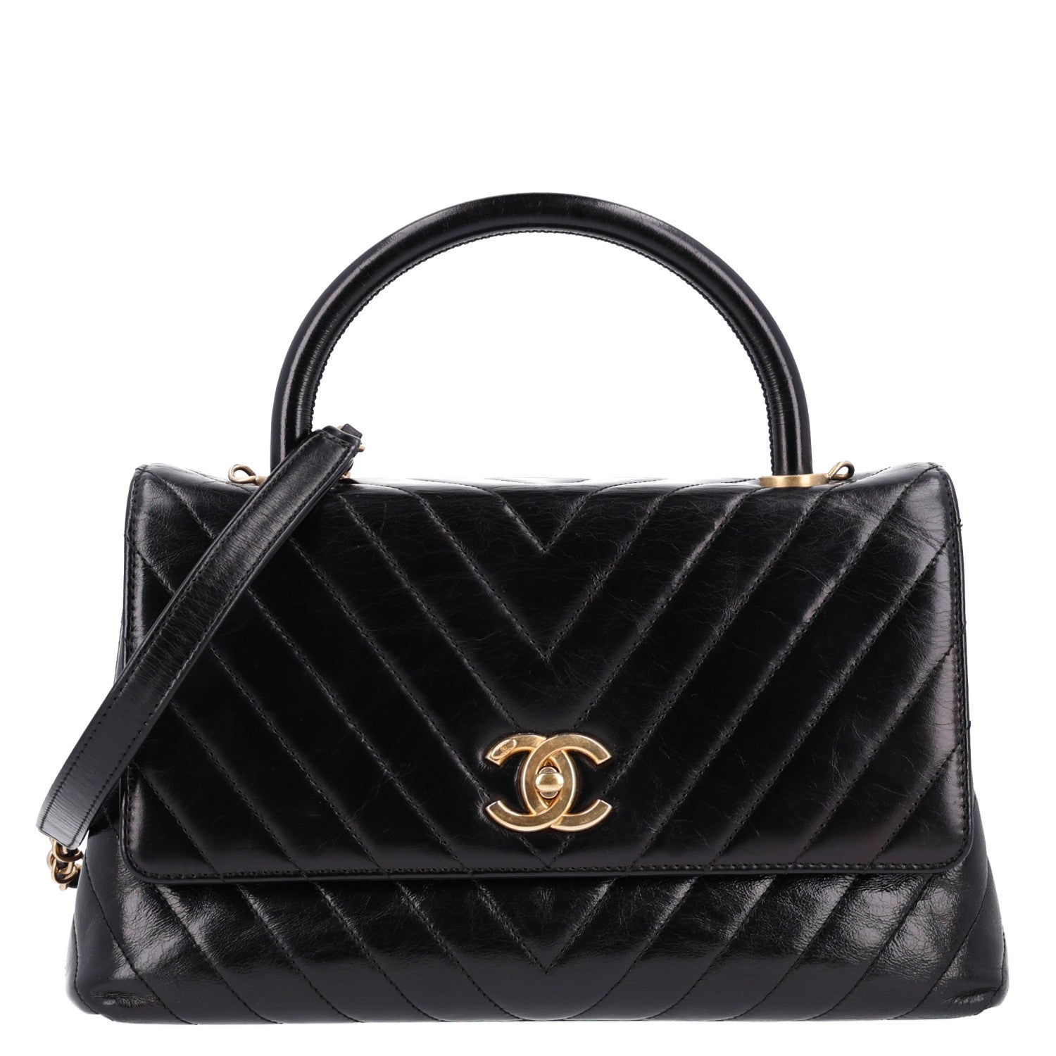 Aged Calfskin Chevron Quilted Small Coco Handle Flap Black