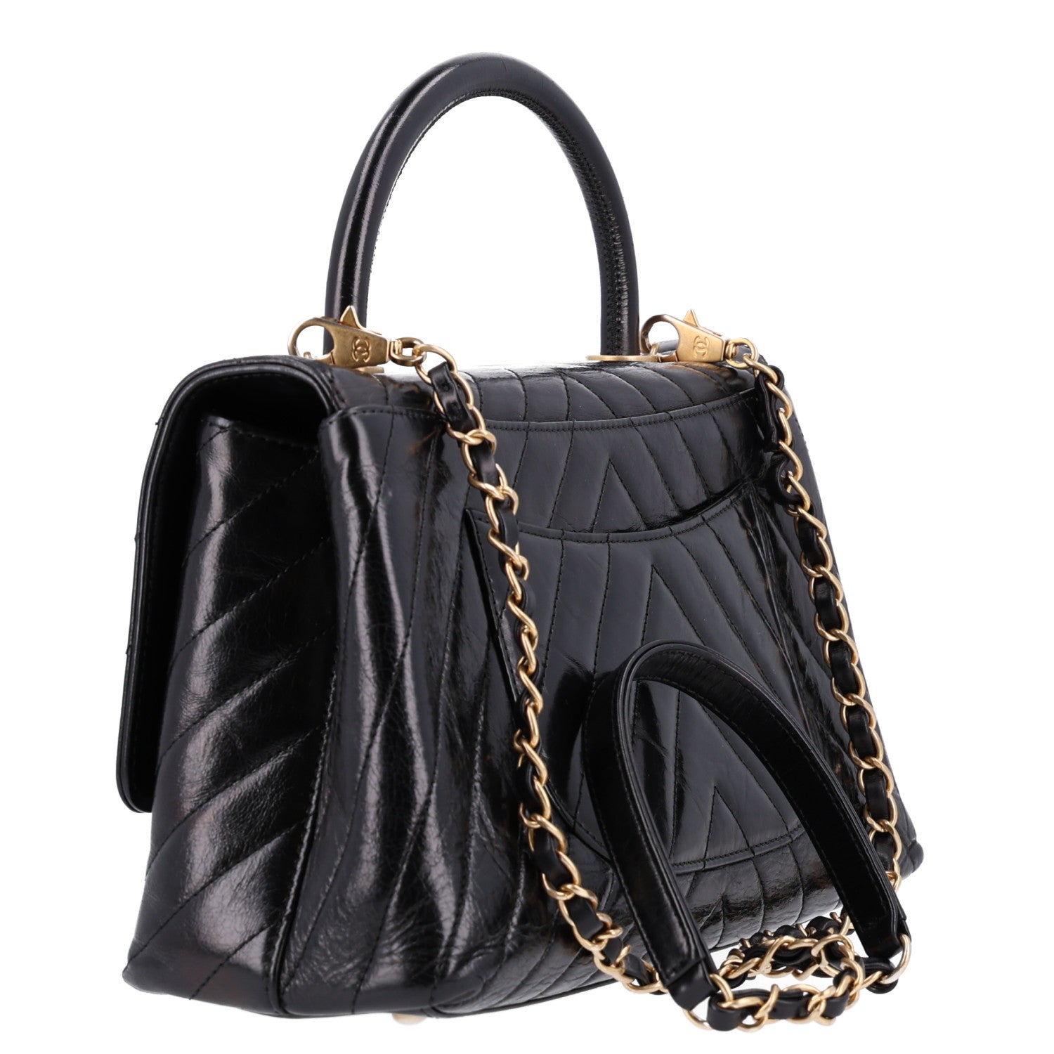 Aged Calfskin Chevron Quilted Small Coco Handle Flap Black — view 3