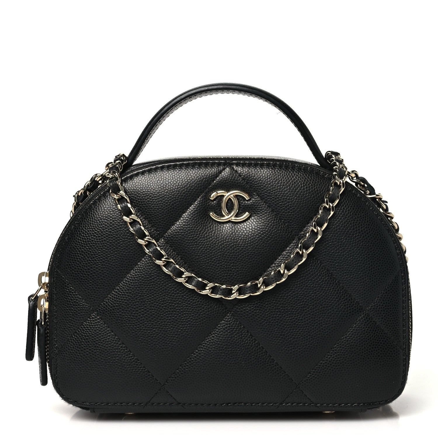 Grained Calfskin Quilted Top Handle Chain Clutch Black