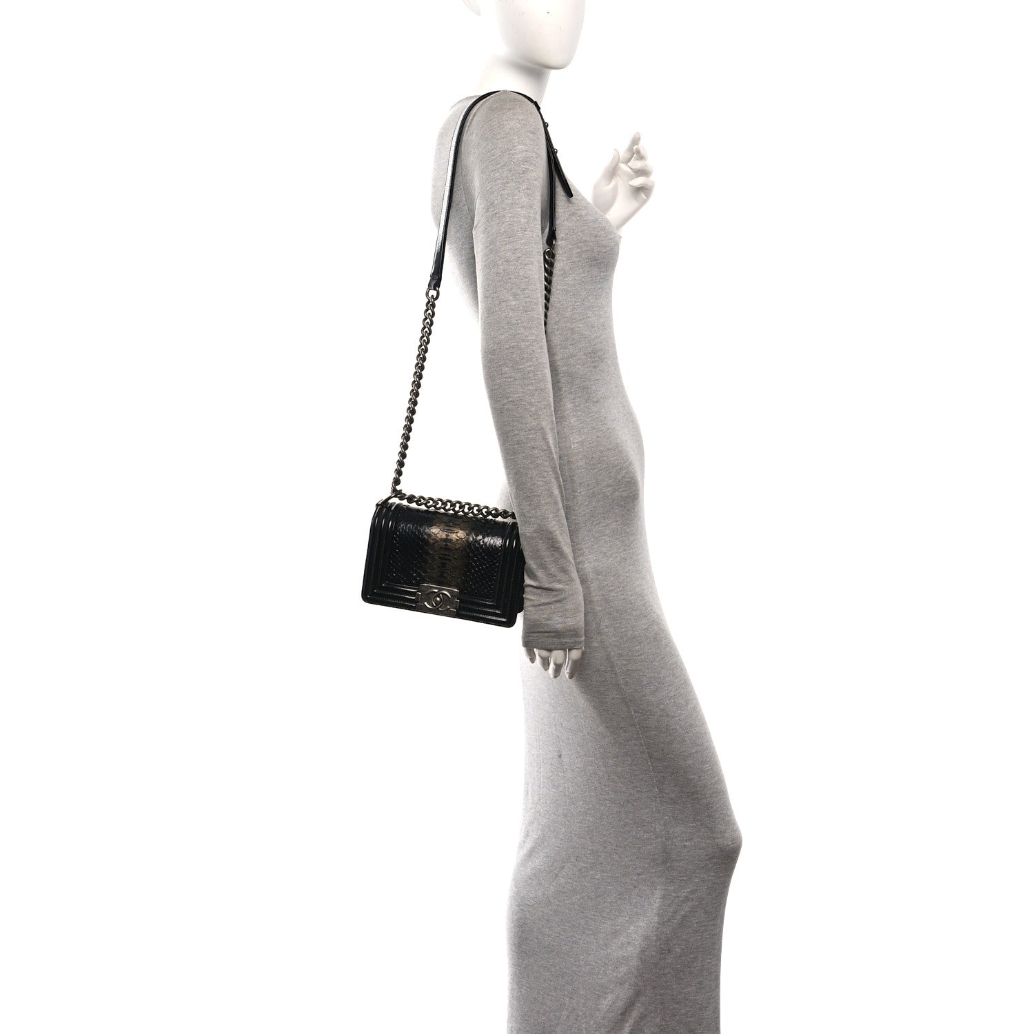 Patent Calfskin Snakeskin Small Boy Flap Black Silver — view 2