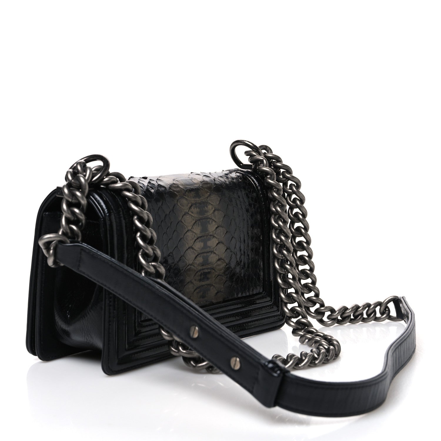 Patent Calfskin Snakeskin Small Boy Flap Black Silver — view 3