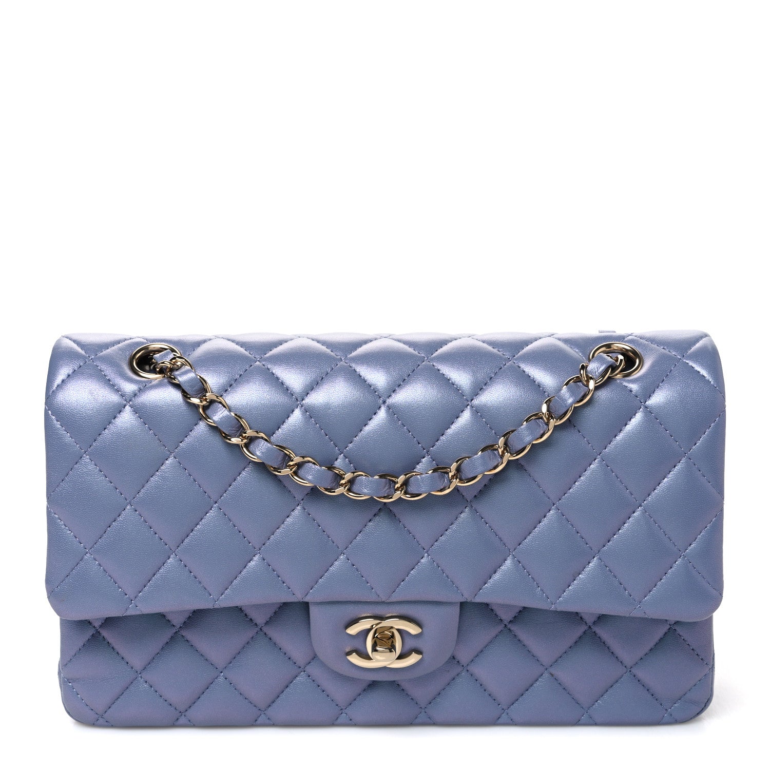 Iridescent Lambskin Quilted Medium Double Flap Light Purple