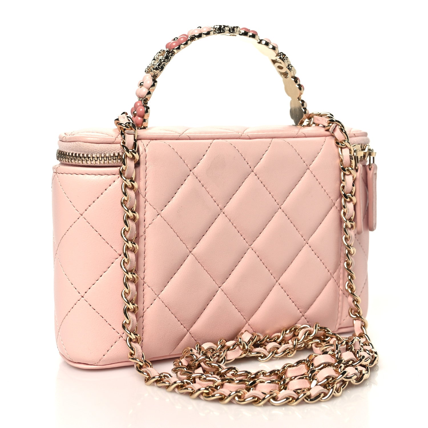 Lambskin Quilted Metal Enamel Flower Mini Top Handle Vanity Case With Chain Light Pink — view 3