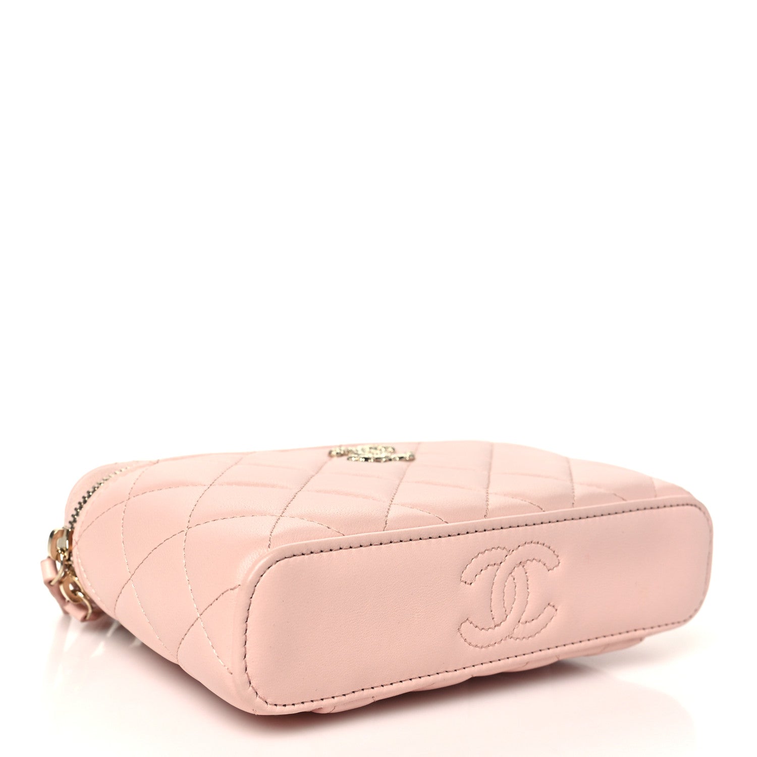 Lambskin Quilted Metal Enamel Flower Mini Top Handle Vanity Case With Chain Light Pink — view 4