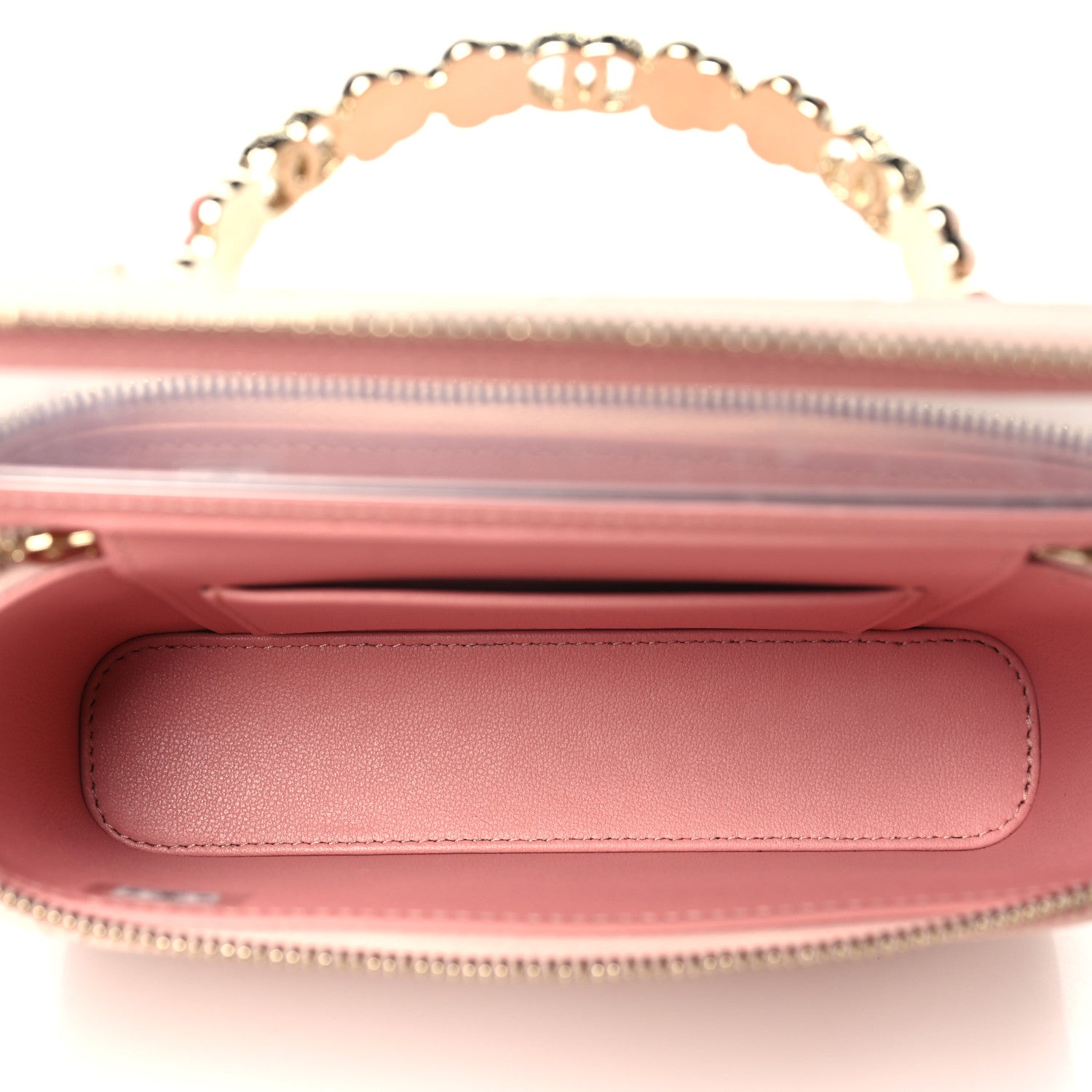 Lambskin Quilted Metal Enamel Flower Mini Top Handle Vanity Case With Chain Light Pink — view 5