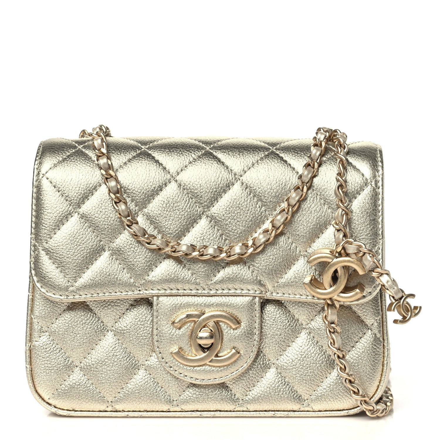 Metallic Caviar Quilted Mini Square CC Slide Flap Gold