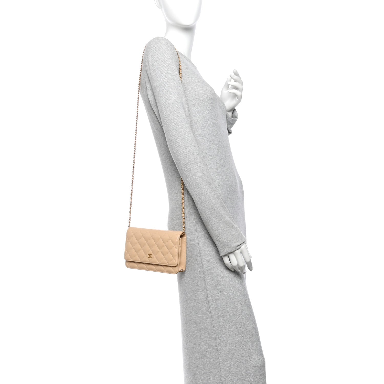 Caviar Quilted Wallet on Chain WOC Beige — view 2