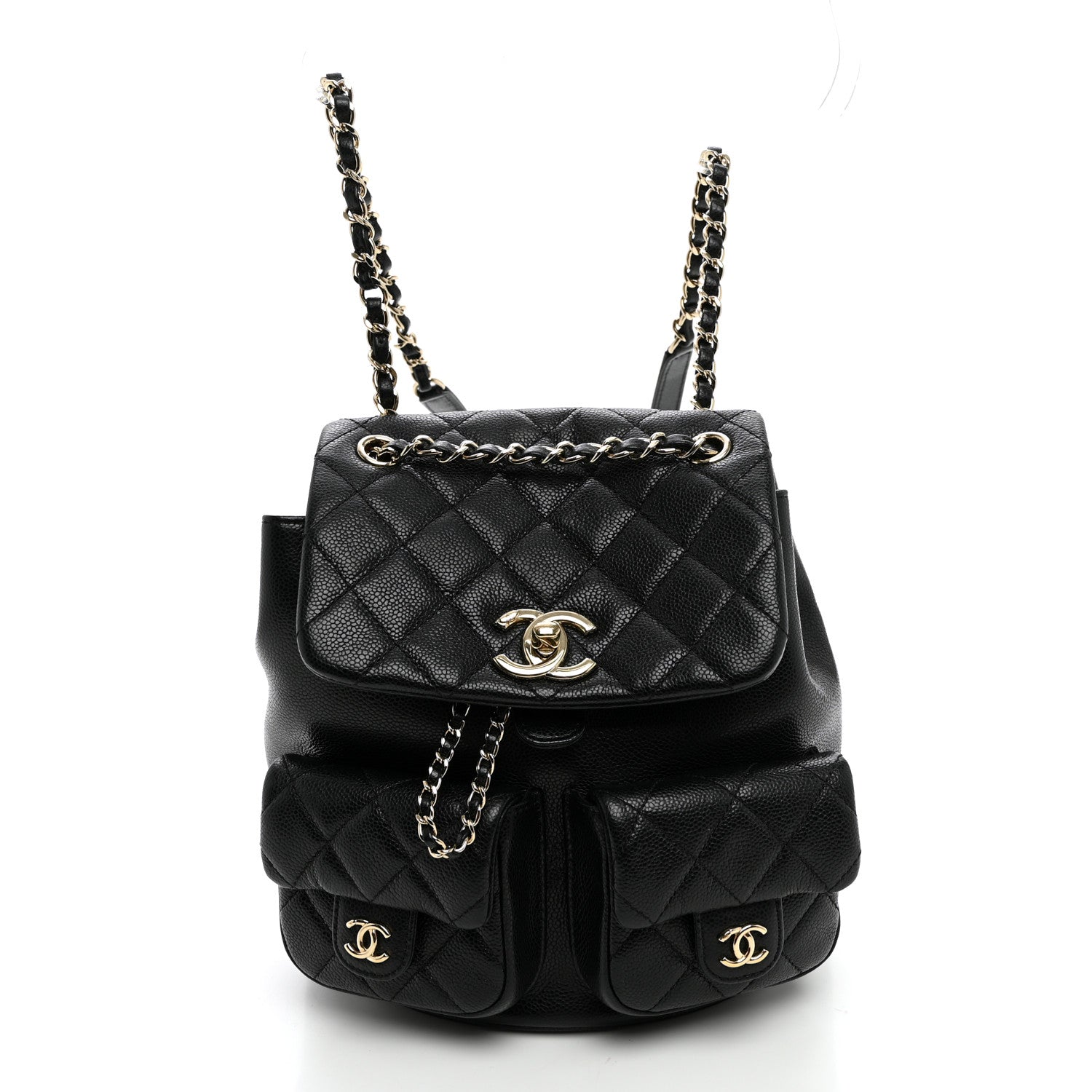 Shiny Caviar Quilted Small Duma Pockets Drawstring Backpack Black