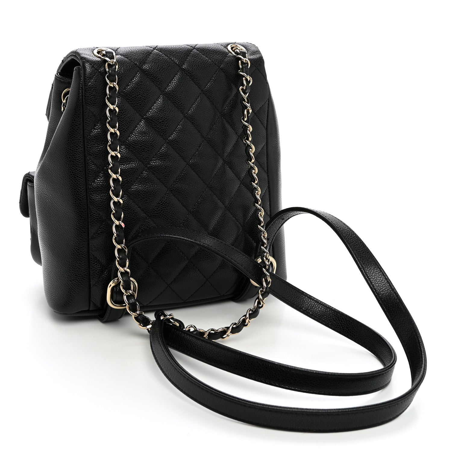 Shiny Caviar Quilted Small Duma Pockets Drawstring Backpack Black — view 3