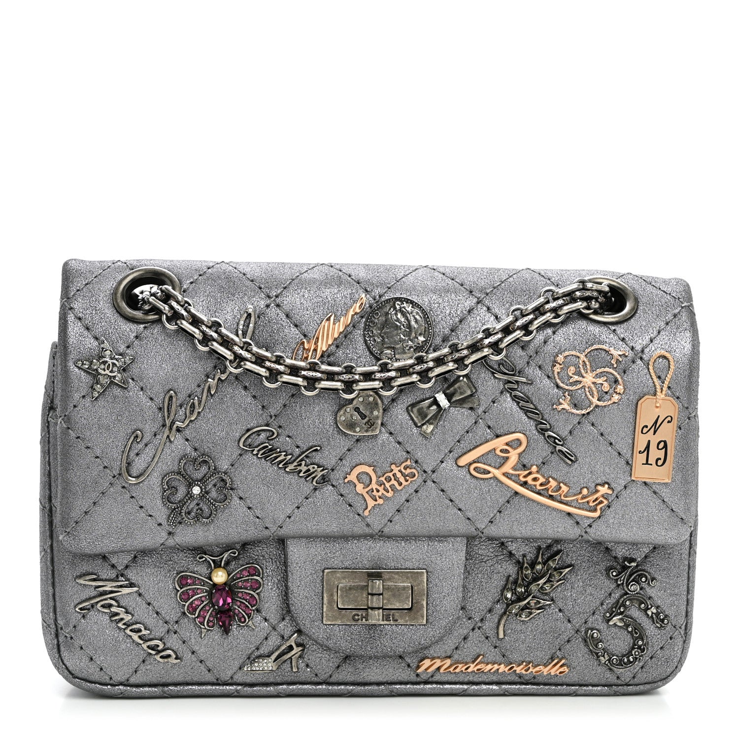 Metallic Calfskin Quilted Lucky Charms 2.55 Reissue 224 Flap Dark Silver