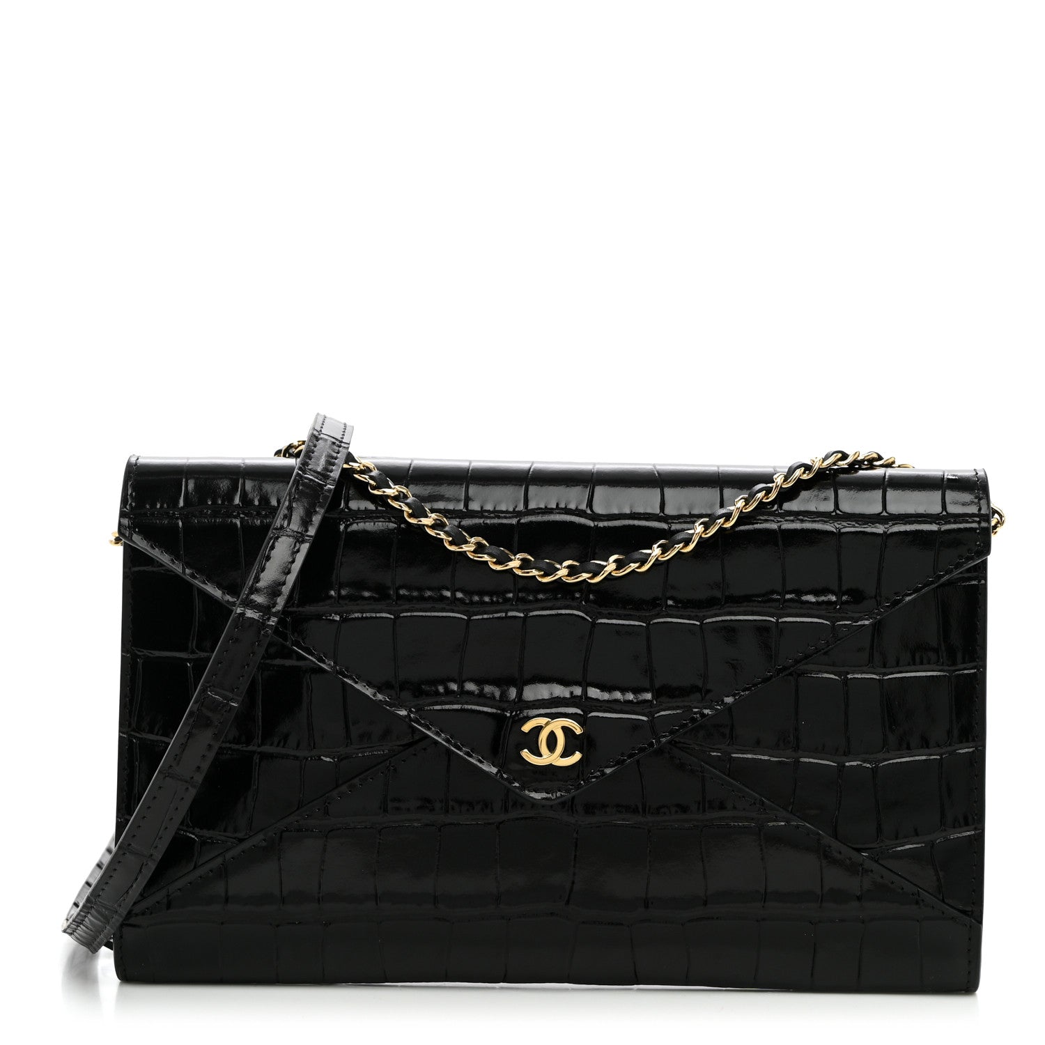 Calfskin Crocodile Embossed Envelope Clutch With Strap Black — view 1