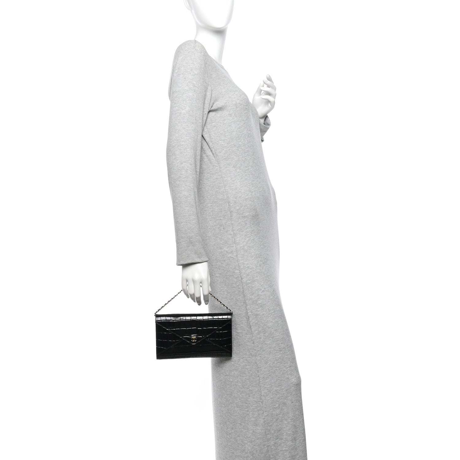Calfskin Crocodile Embossed Envelope Clutch With Strap Black — view 2