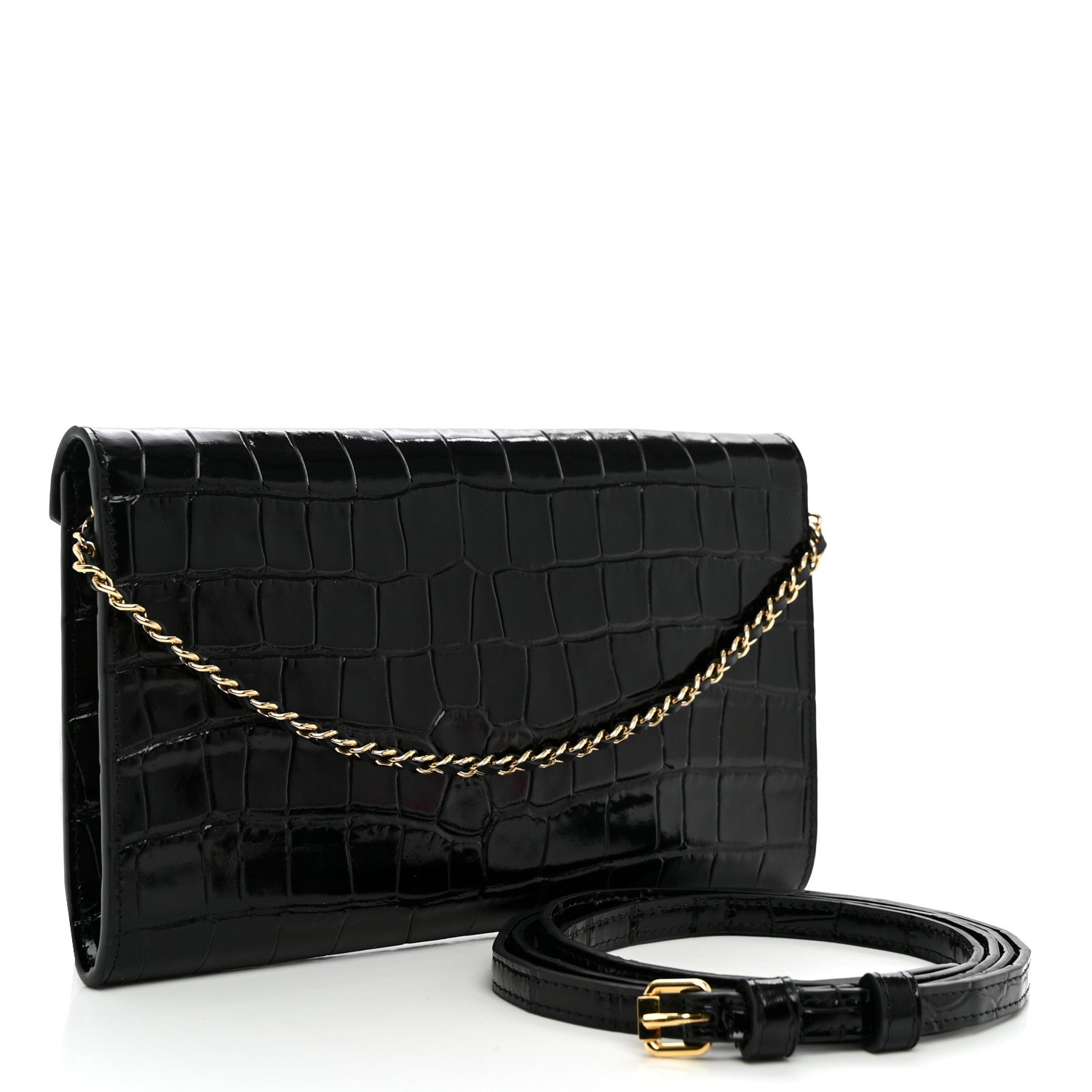 Calfskin Crocodile Embossed Envelope Clutch With Strap Black — view 3