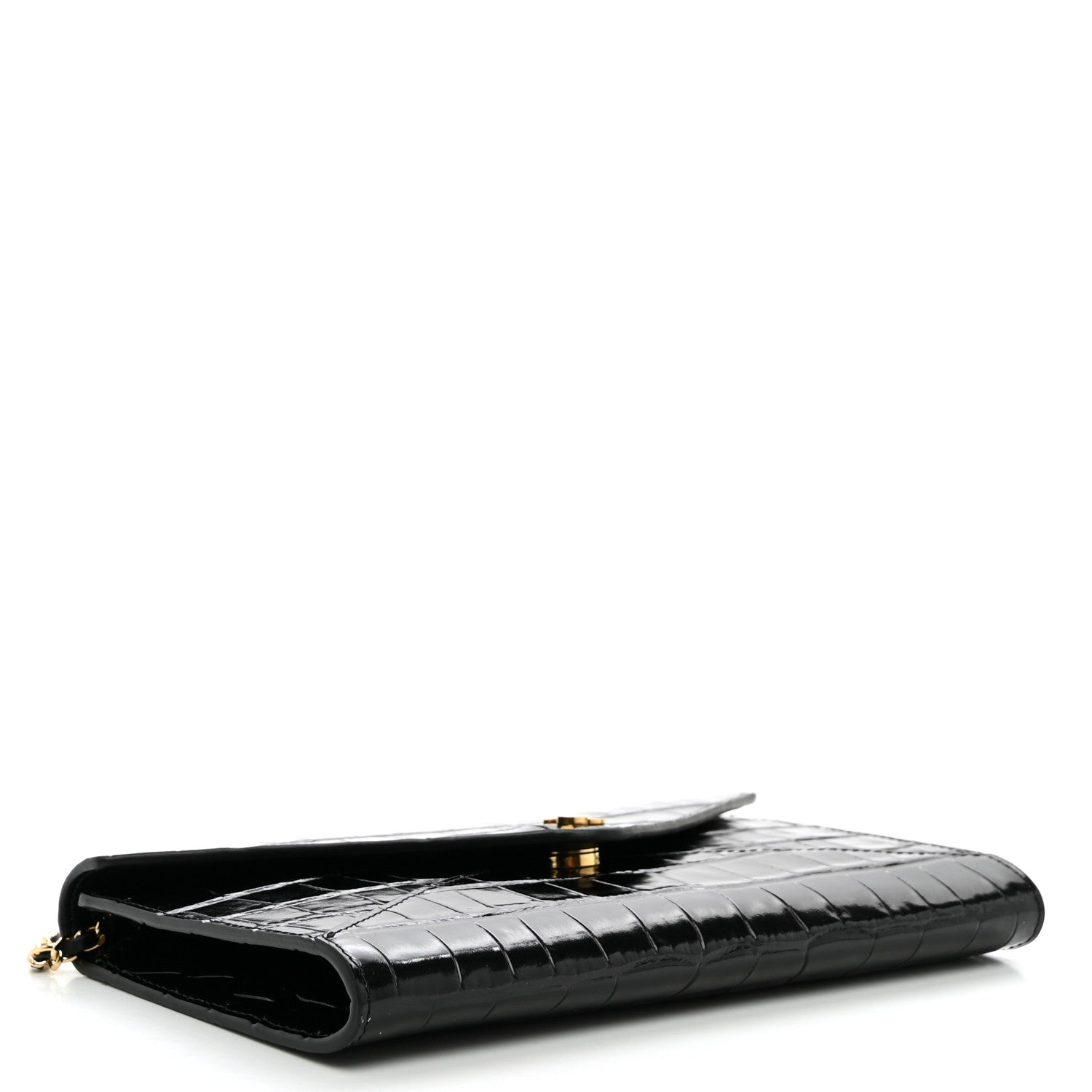 Calfskin Crocodile Embossed Envelope Clutch With Strap Black — view 4