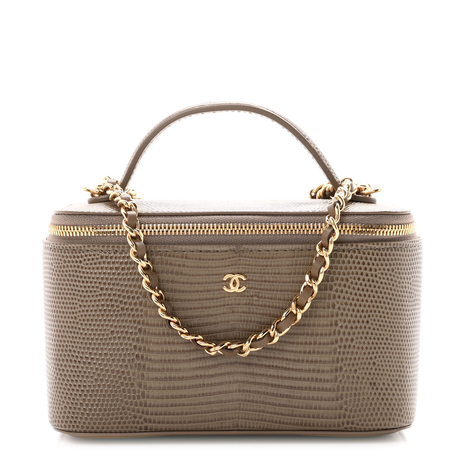 Calfskin Lizard Embossed Top Handle Vanity With Chain Dark Khaki