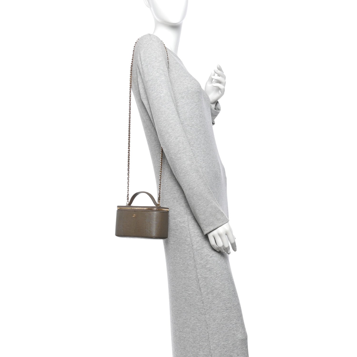 Calfskin Lizard Embossed Top Handle Vanity With Chain Dark Khaki — view 2