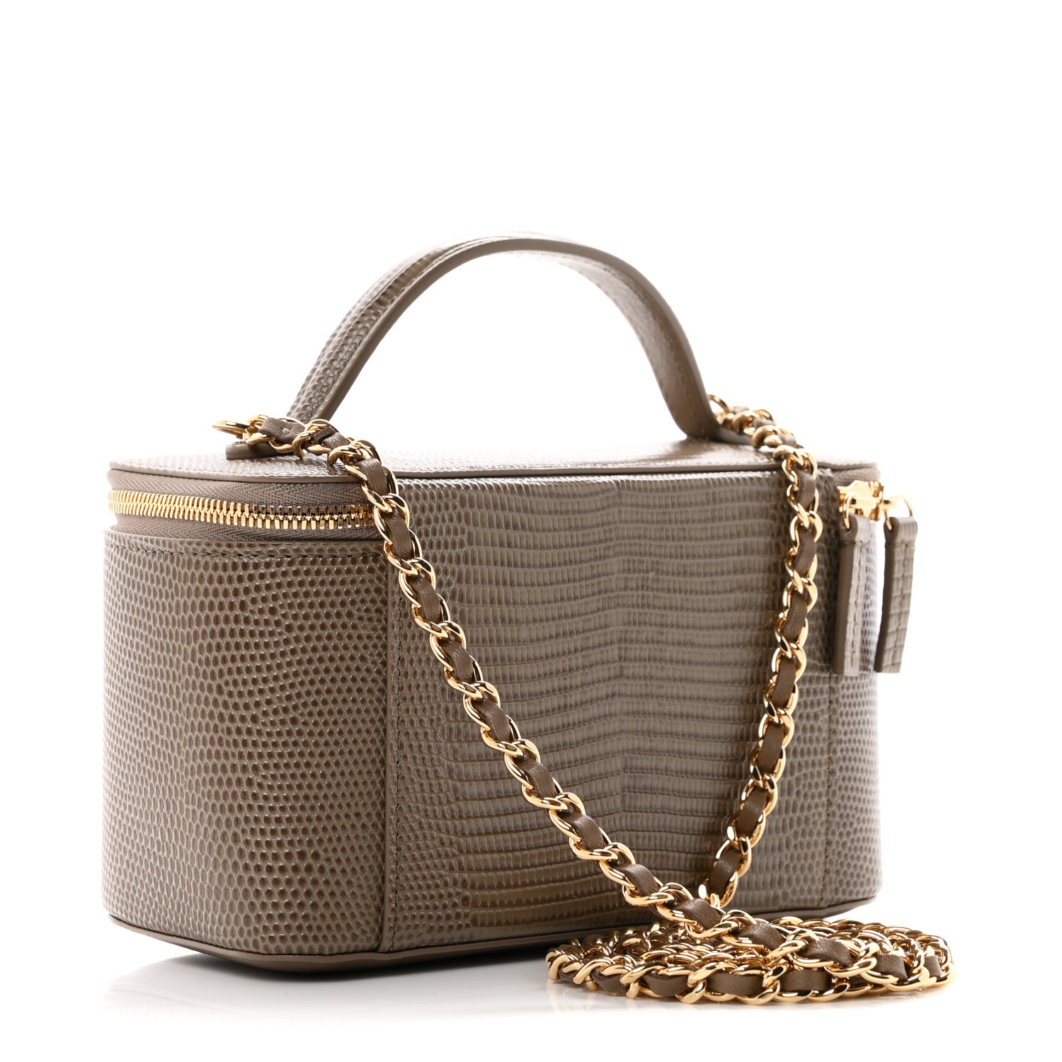 Calfskin Lizard Embossed Top Handle Vanity With Chain Dark Khaki — view 3