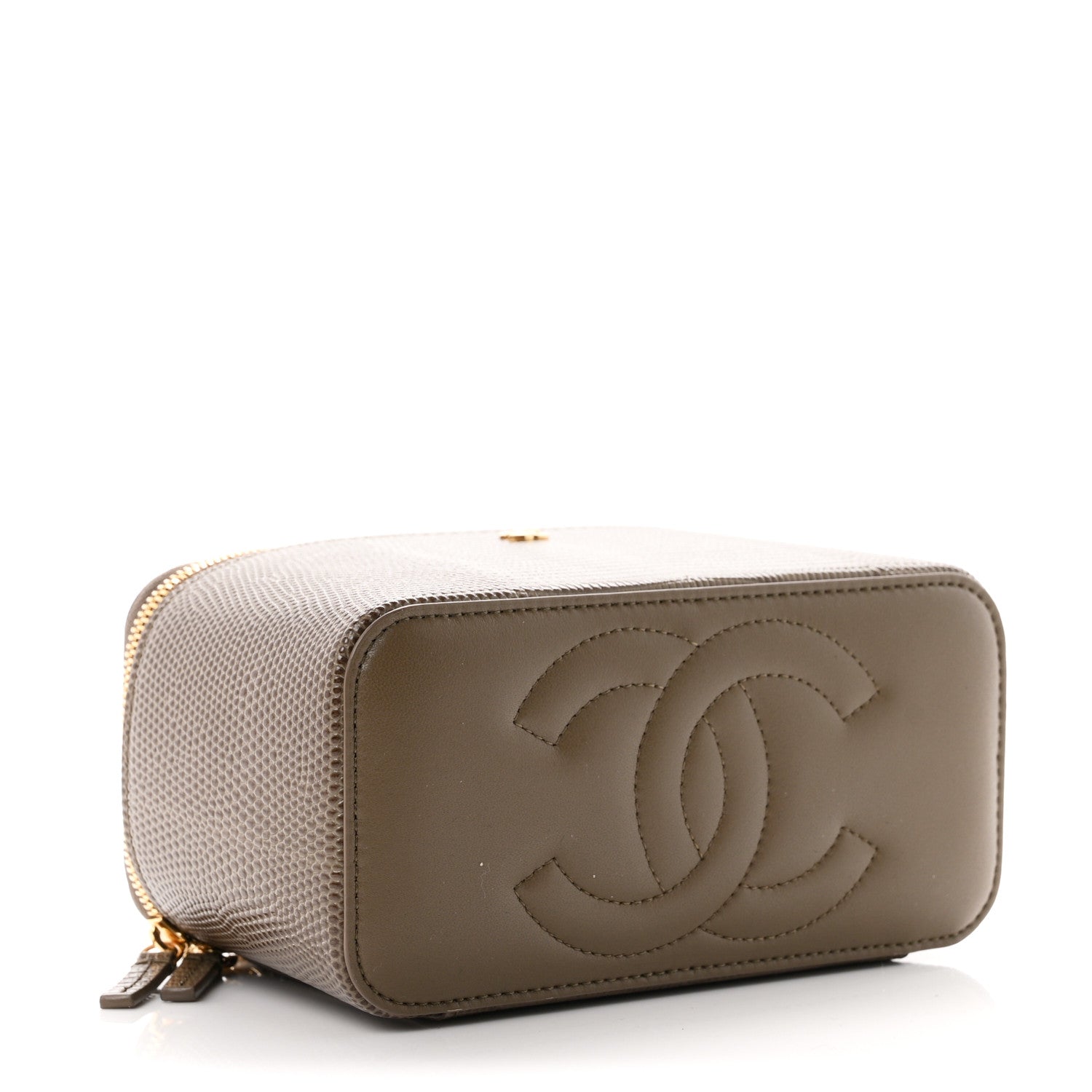 Calfskin Lizard Embossed Top Handle Vanity With Chain Dark Khaki — view 4
