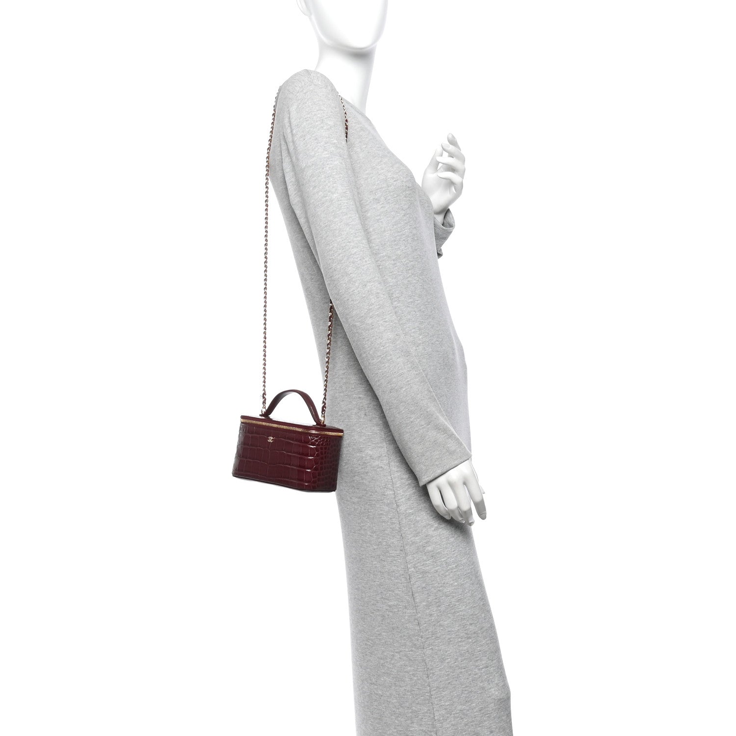 Calfskin Crocodile Embossed Crococo Small Top Handle Vanity Case With Chain Dark Burgundy — view 2