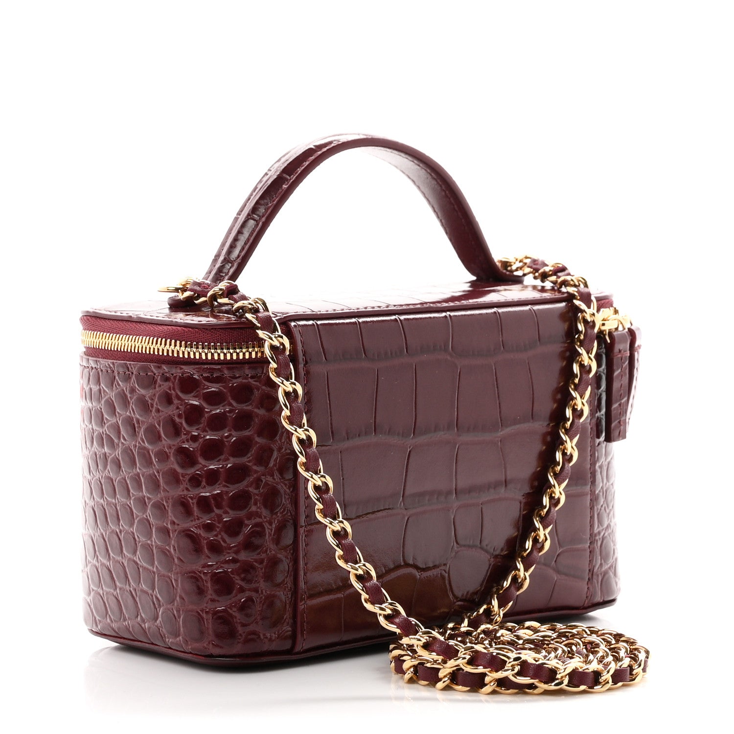 Calfskin Crocodile Embossed Crococo Small Top Handle Vanity Case With Chain Dark Burgundy — view 3