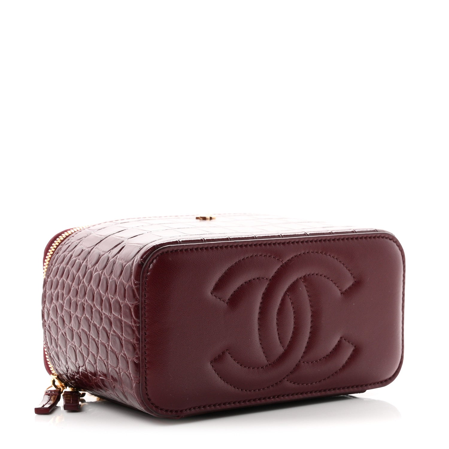 Calfskin Crocodile Embossed Crococo Small Top Handle Vanity Case With Chain Dark Burgundy — view 4