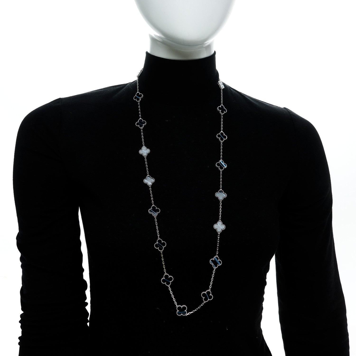 18K White Gold Veined Black Onyx 20 Motifs Vintage Alhambra Necklace — view 2