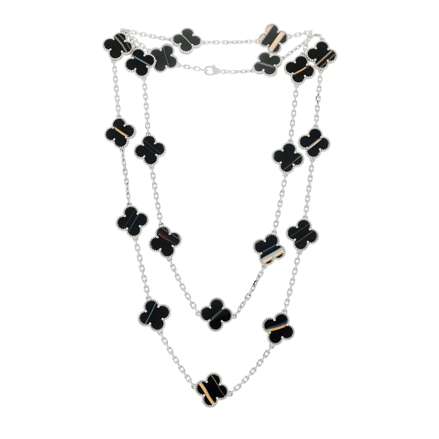 18K White Gold Veined Black Onyx 20 Motifs Vintage Alhambra Necklace — view 3